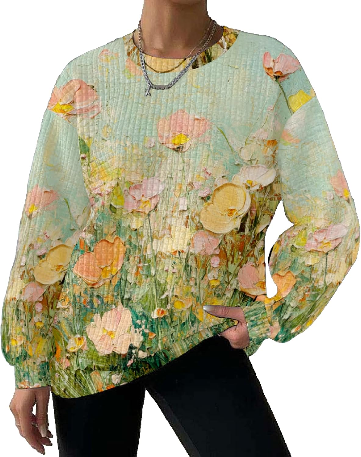 MARSVOVO Long Sleeve Waffle Sweatshirt Women 2025 Fall Fashion Crewneck Floral Graphic Casual Lightweight Ladies Pullover