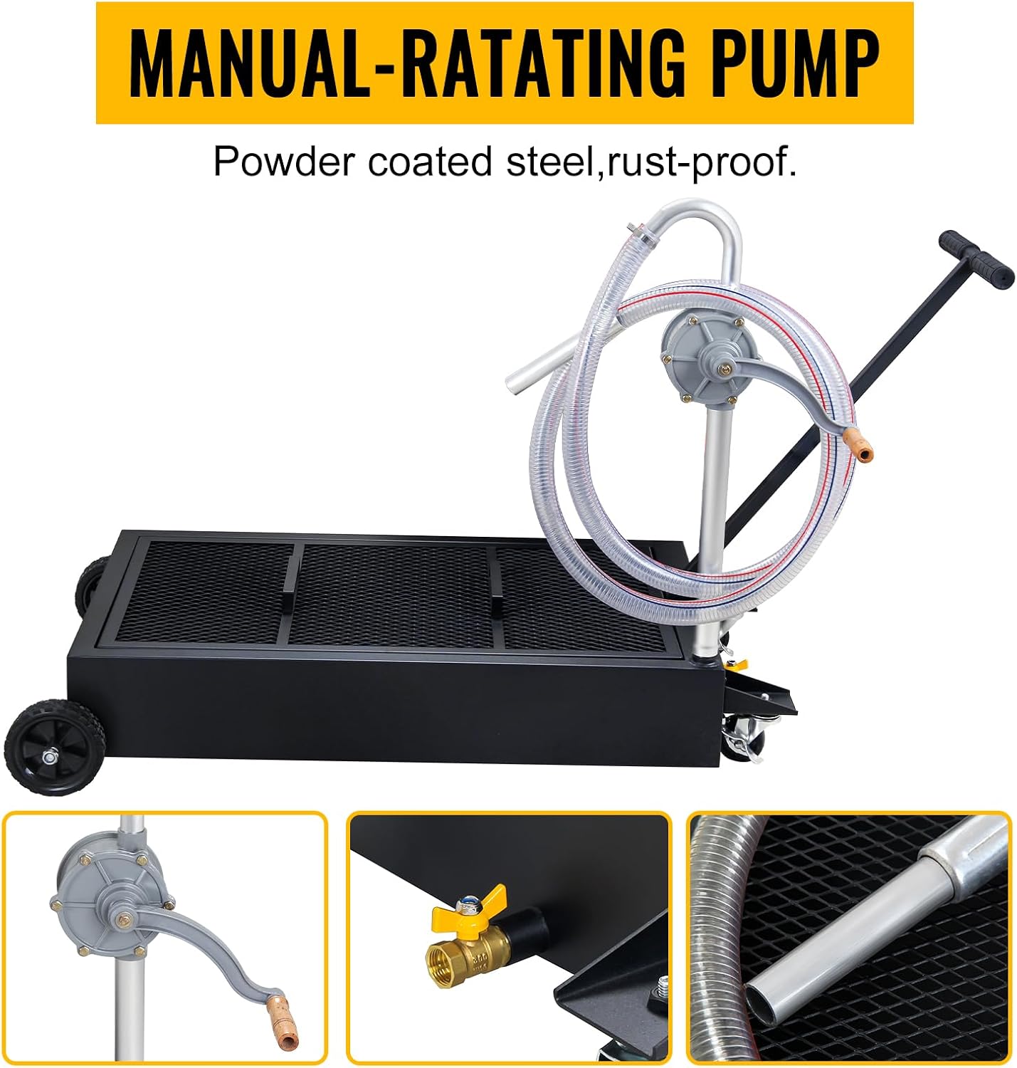 Low Profile Oil Drain Pan, 25 Gallon Heavy Duty Oil Drain Pan with Pump, Ergonomic Handle, Hose, Swivel Casters, Fit for Car, SUV, and Oil Change and Truck Maintenance
