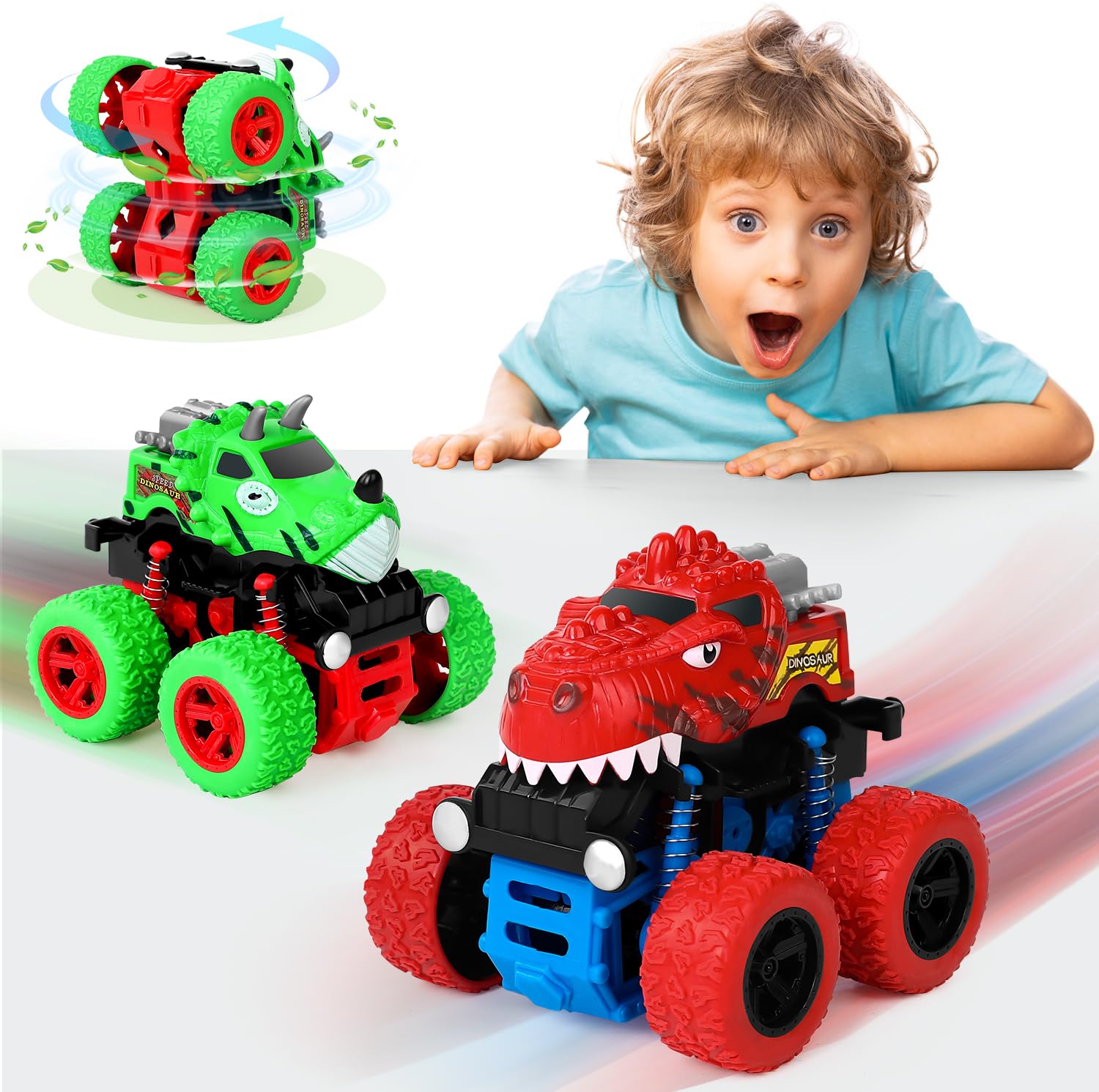 Juguetes de dinosaurio para niños de 3, 4 y 5 años, camiones monstruos para niños de 3 a 4 a 5 años, 4 ruedas de tracción duraderos, autos de fricción alimentados para niños de 3 a 5 años, regalos de