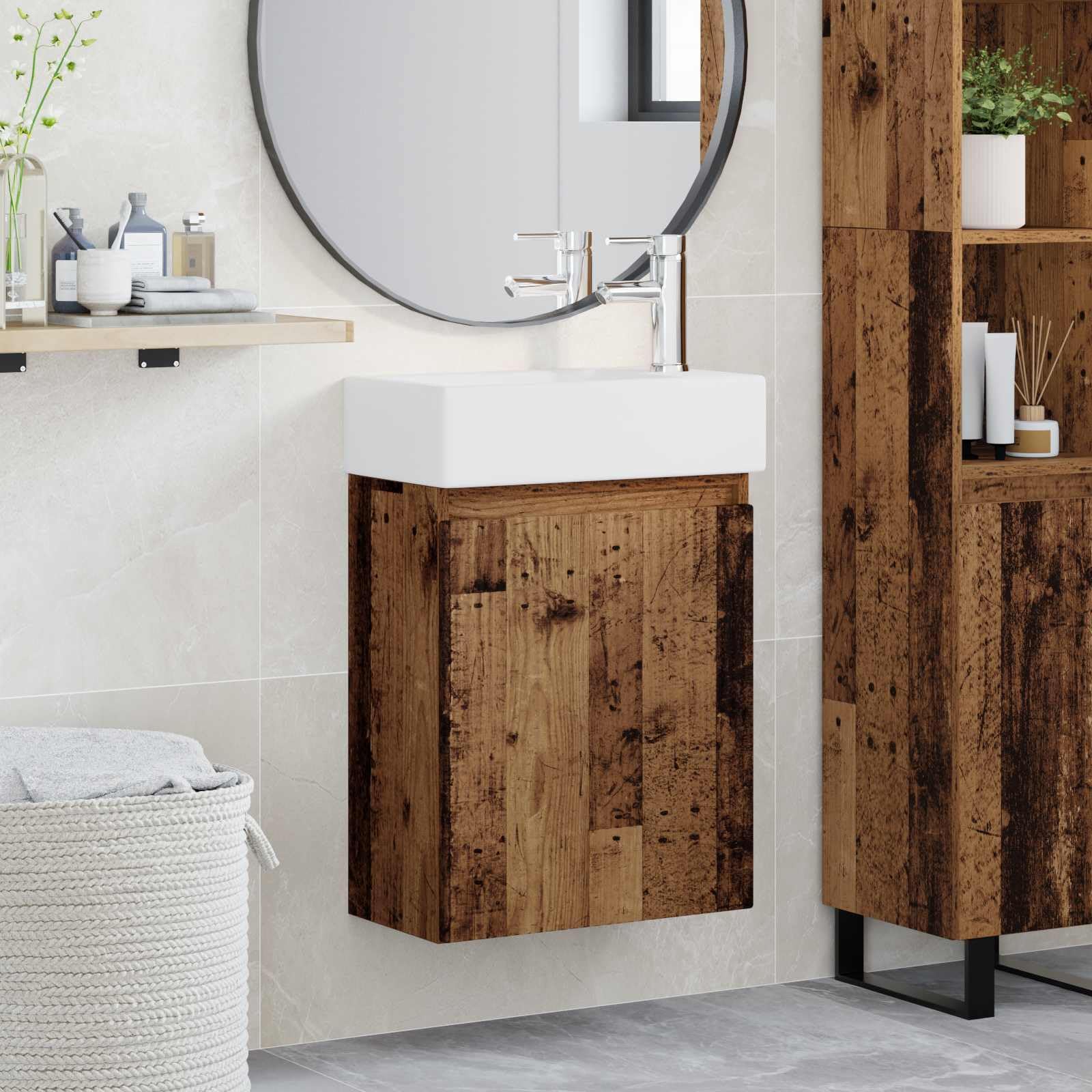 Lavabo de madera vieja de alta calidad con lavamanos de cerámica de pared y desagüe push