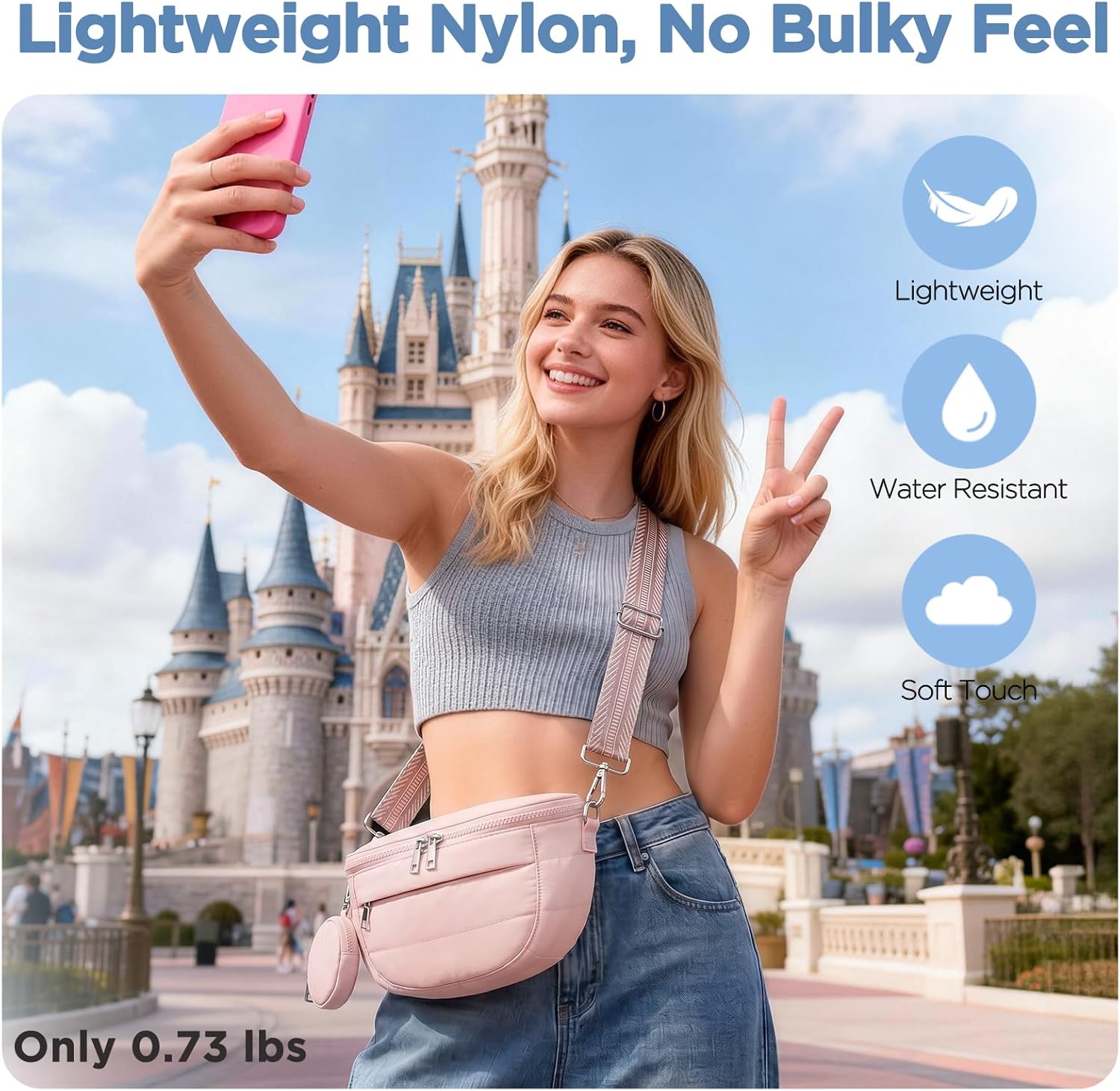 Crossbody Bag for Women, Lightweight Puffer Bum Bag with RFID Blocking Pocket & Removable Coin Pouch, Hands-Free Travel Shoulder Bag for Everyday Pink thumbnail