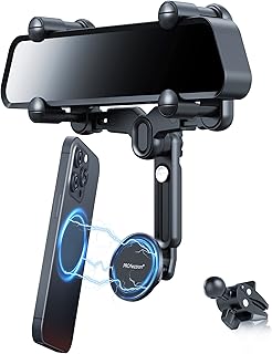 PROfezzion Rearview Mirror & Vent Clip Combo Magnetic Phone Holder Compatible with MagSafe on Car Rear View Mirror or Vent for iPhone 15 14 13 12 Pro Max Plus, MagSafe Case & All Phones [No Vibrating]