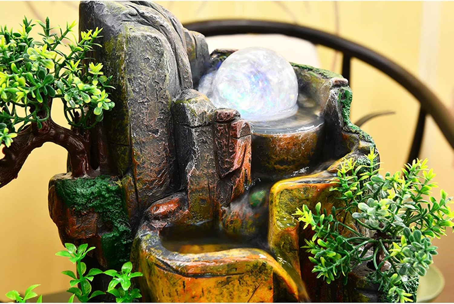 Desktop Fountain Resin Fake Mountain Flowing Water Indoor Fountain Feng Shui Wheel Inviting Wealth Turning Ball Features Ornaments Living Room Office Decoration(Medium)
