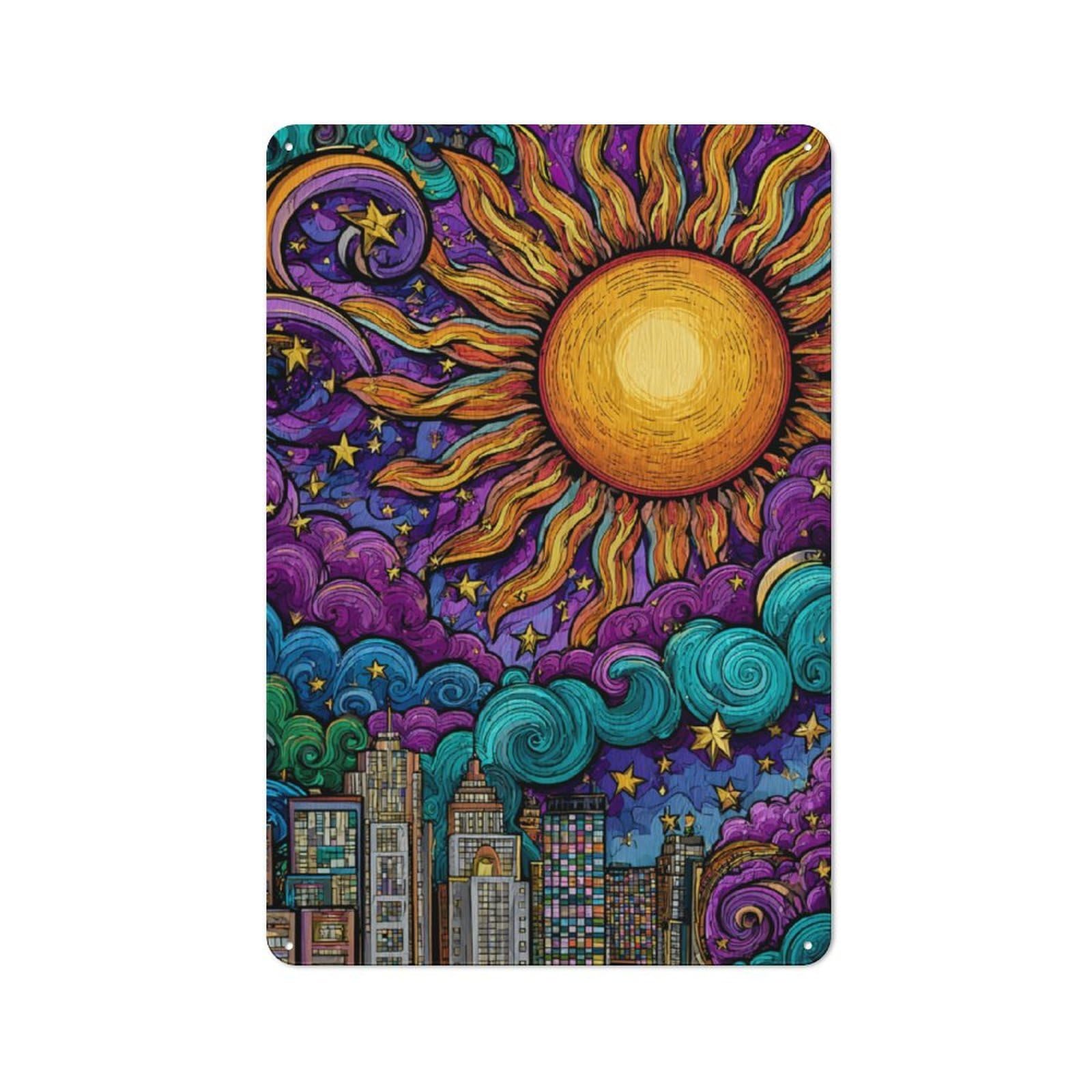 Junmoney Vibrant Cosmic Cityscape Rustic Tin Wall Plaque 30X20cm For Studio Or Craft Room, For Garage, Workshop And Man Cave Decoration