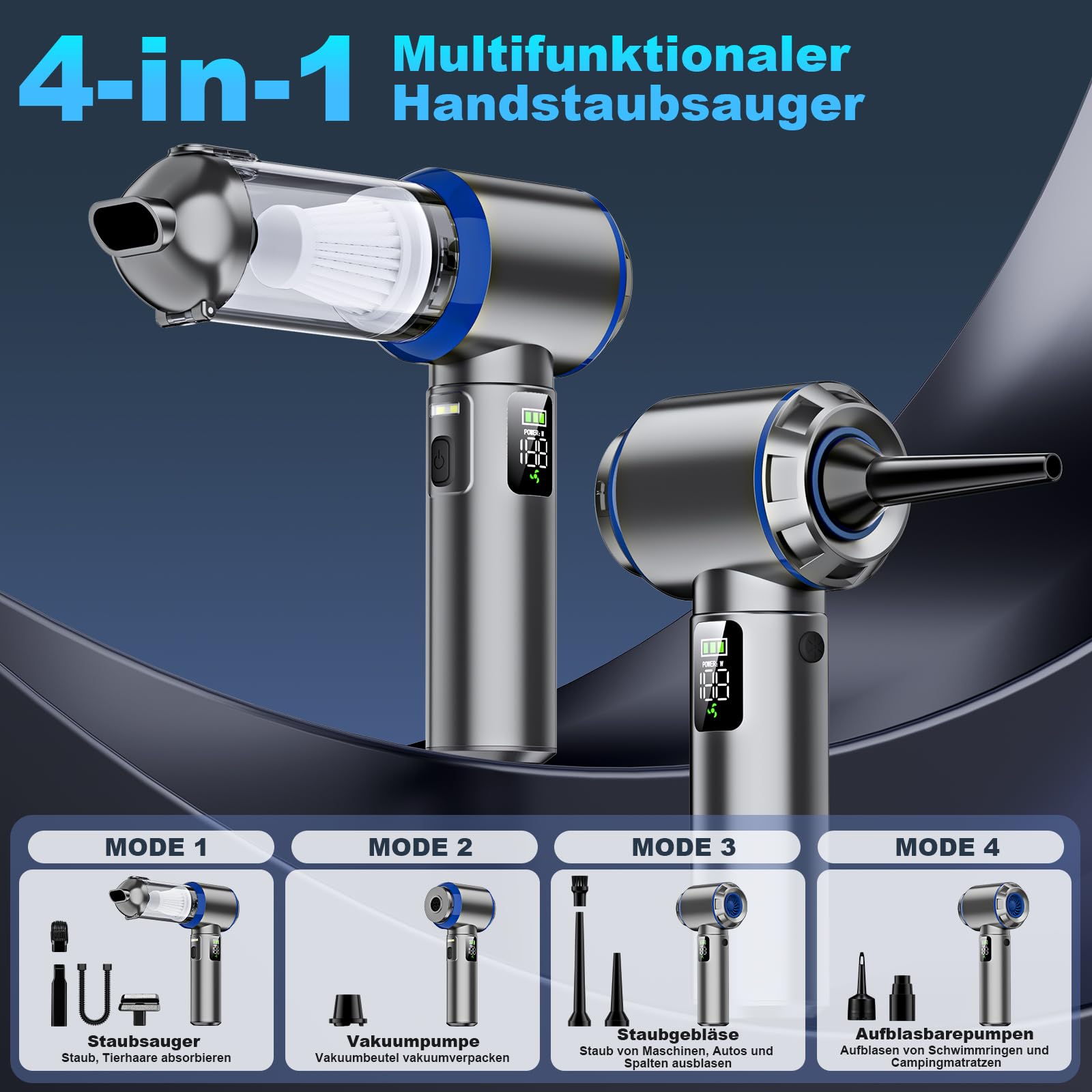 Handstaubsauger Akku, 4-in-1 Handstaubsauger, 32000PA Auto Staubsauger Stark, Handstaubsauger Auto, 3-Gang 300000 U/min Staubsauger, Bürstenlosem Motor, LCD Display Autostaubsauger, für Auto, Büro