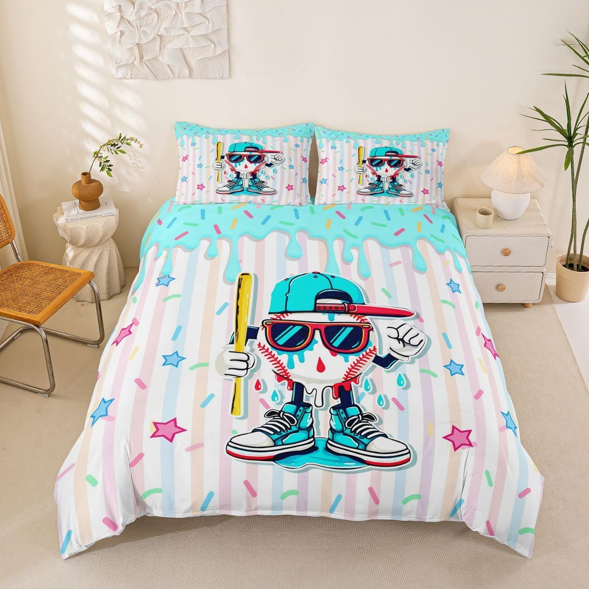 jejeloiu Ice Cream Baseball Duvet Cover Toddler Size Six Seven 6 7 Bedding Set Breathable Soft Pink Teal Yellow Comforter Cover 2Pcs Dessert Bedroom Decor