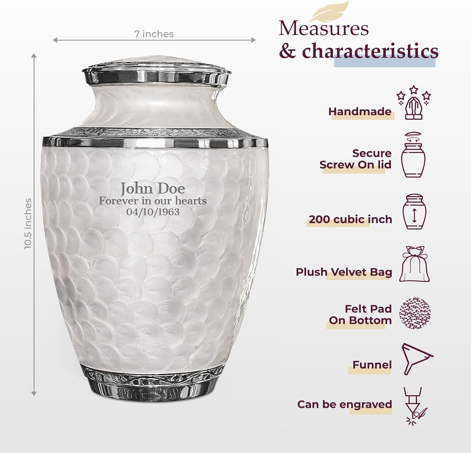 Trupoint Memorials Personalized Urns for Human Ashes - Adult, Customized Engraved Urns, Pearl White, Large, 200 Cubic Inches, Aluminum, Cremation Urn