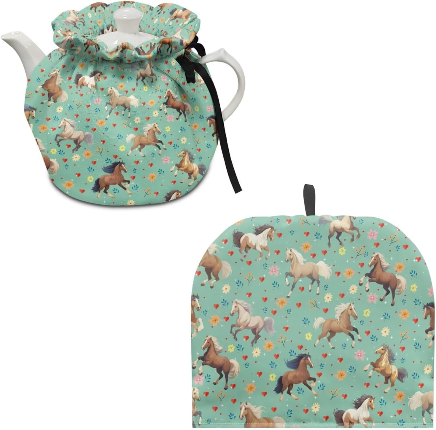 ZOUTAIRONG Running Horse Floral Tea Cozy for Teapot Machine Washiable Kettle Quilt Breakfast Warmer Home Decoration Keep Warm Insulation Teapot Cover Green