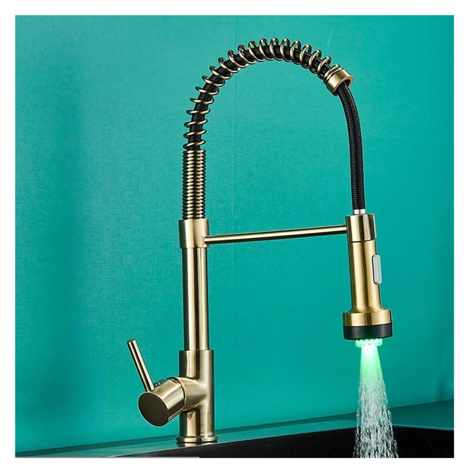 Grifo de cocina de latón con acabado de lujo oro cepillado y muelle flexible LED