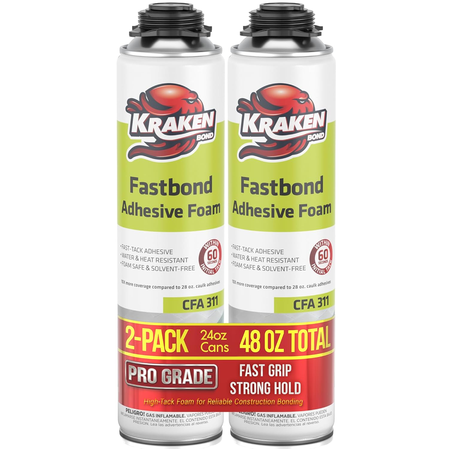Kraken Bond Fastbond Spray Foam Adhesive (2x24oz.) - Heavy Duty Construction Adhesive for Insulation, Wall & Facade, Concrete, Stone, Subfloor, XPS & EPS Foam Board, Gun&Cleaner Included | 2 Pack