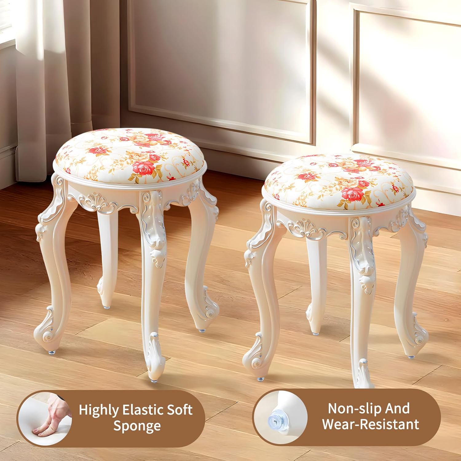 Vintage Vanity Victorian Chair, Round Leather Ottoman with Velvet Seat, Makeup Stool Cute Vanity Chair Bathroom Stool Chair, Sitting Height 17Inch, Capacity 280Lb,A