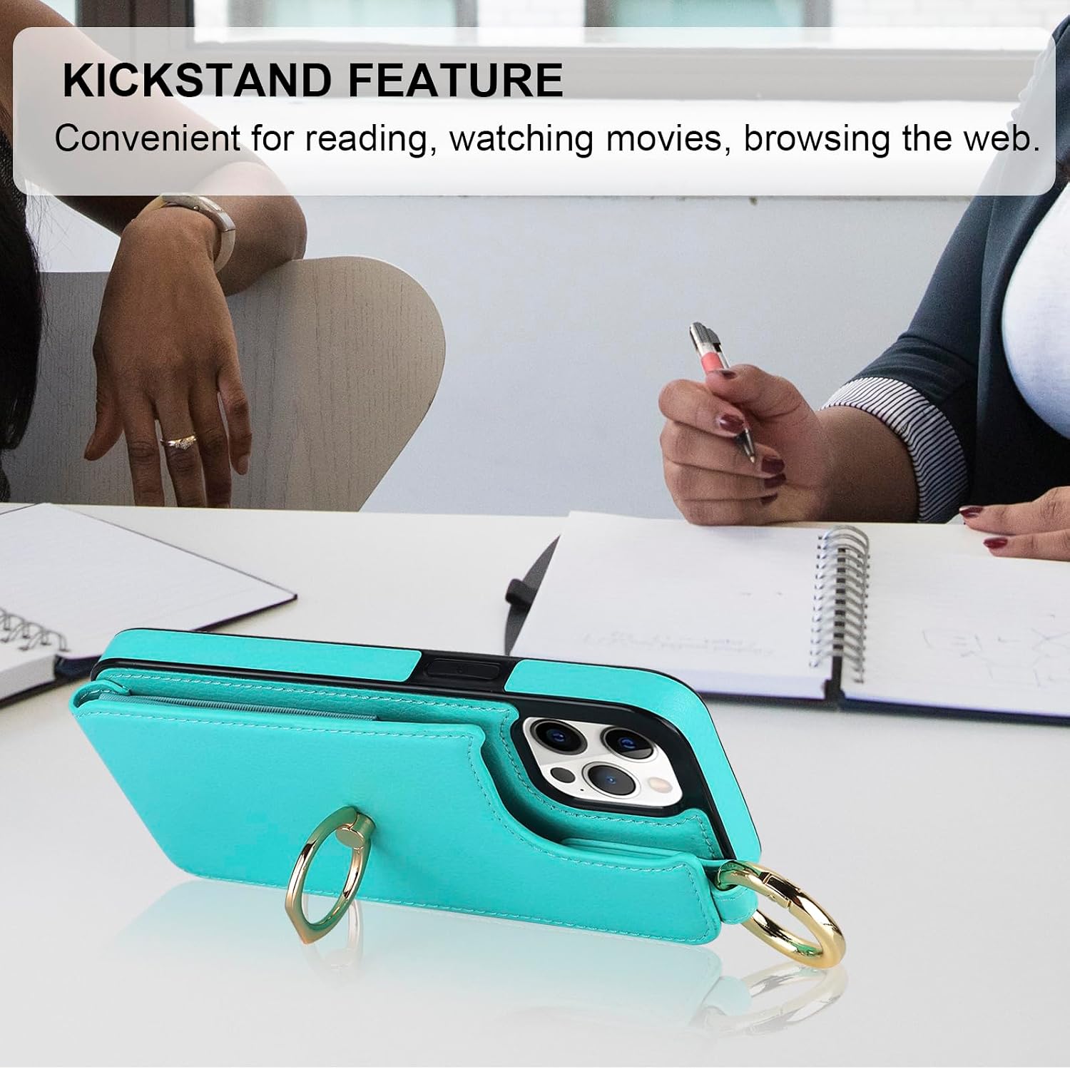 Folosu for iPhone 12 Pro Max Wallet Case with Card Holder, 360°Rotation Ring Holder Kickstand, RFID Blocking PU Leather Finger Grip Key Ring, Protective Double Buttons Shockproof Cover 6.7" Green