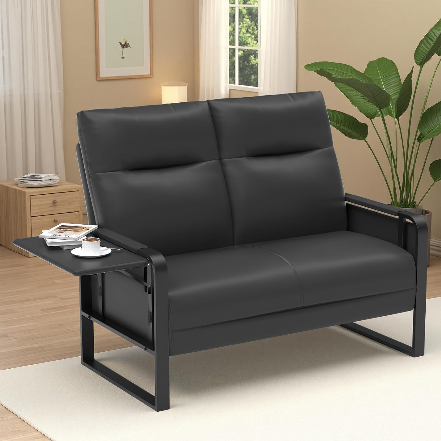 Small Loveseat Sofa with Side Table & Metal Legs, Upholstered Faux Leather Loveseat for Small Spaces, Couch for Living Room, Reading, Office, Bedroom (Black)