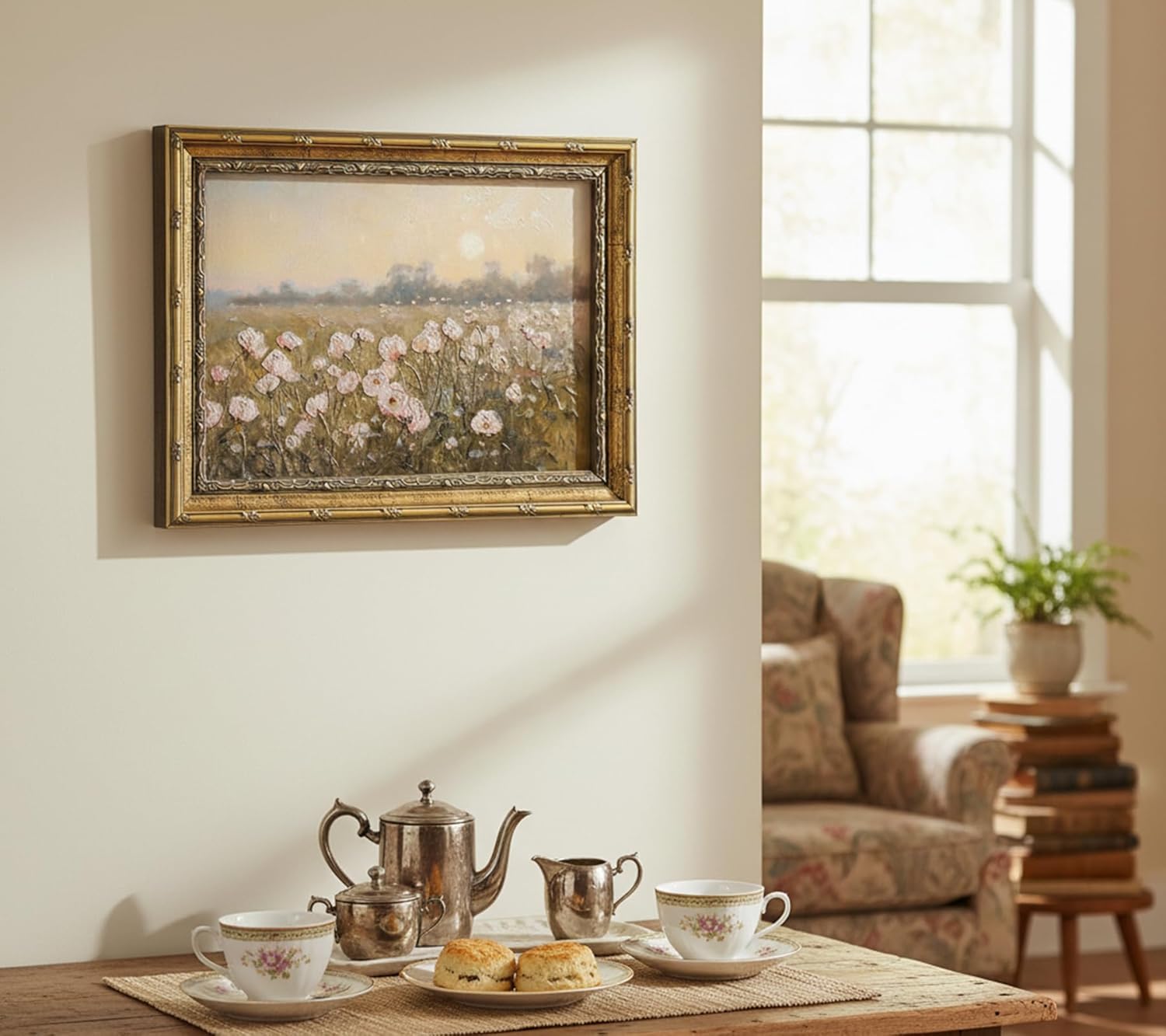 Gold Framed Vintage Pink Wildflower Canvas Wall Art, Spring Field Landscape Painting Picture Wall Decor, Farmhouse Flower Print Poster Artwork for Rustic Living Room Home Decoration 12x16in