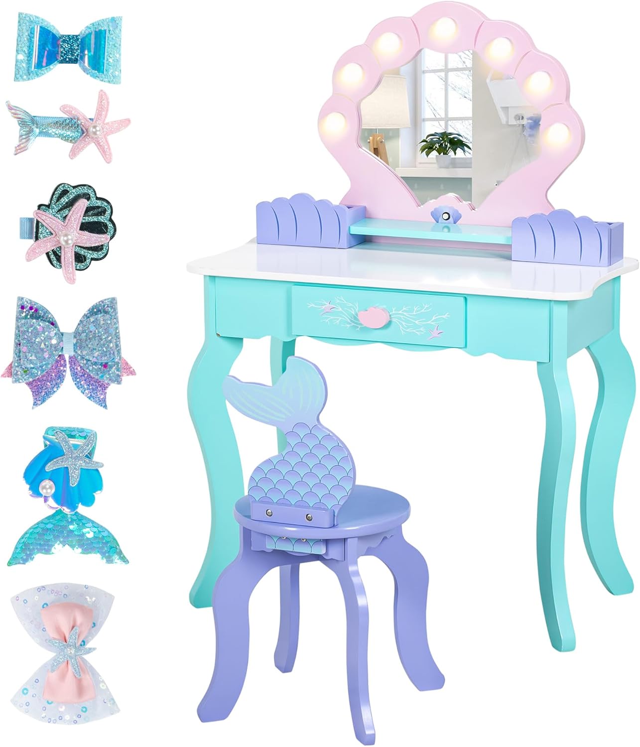 Vanity Set with Lights & Mirror, 2 in 1 Wooden Princess Dressing Table with Stool, Ocean Theme Makeup Table and Chair Set, Little Girls Pretend Play Set, Kids Vanity for Birthday