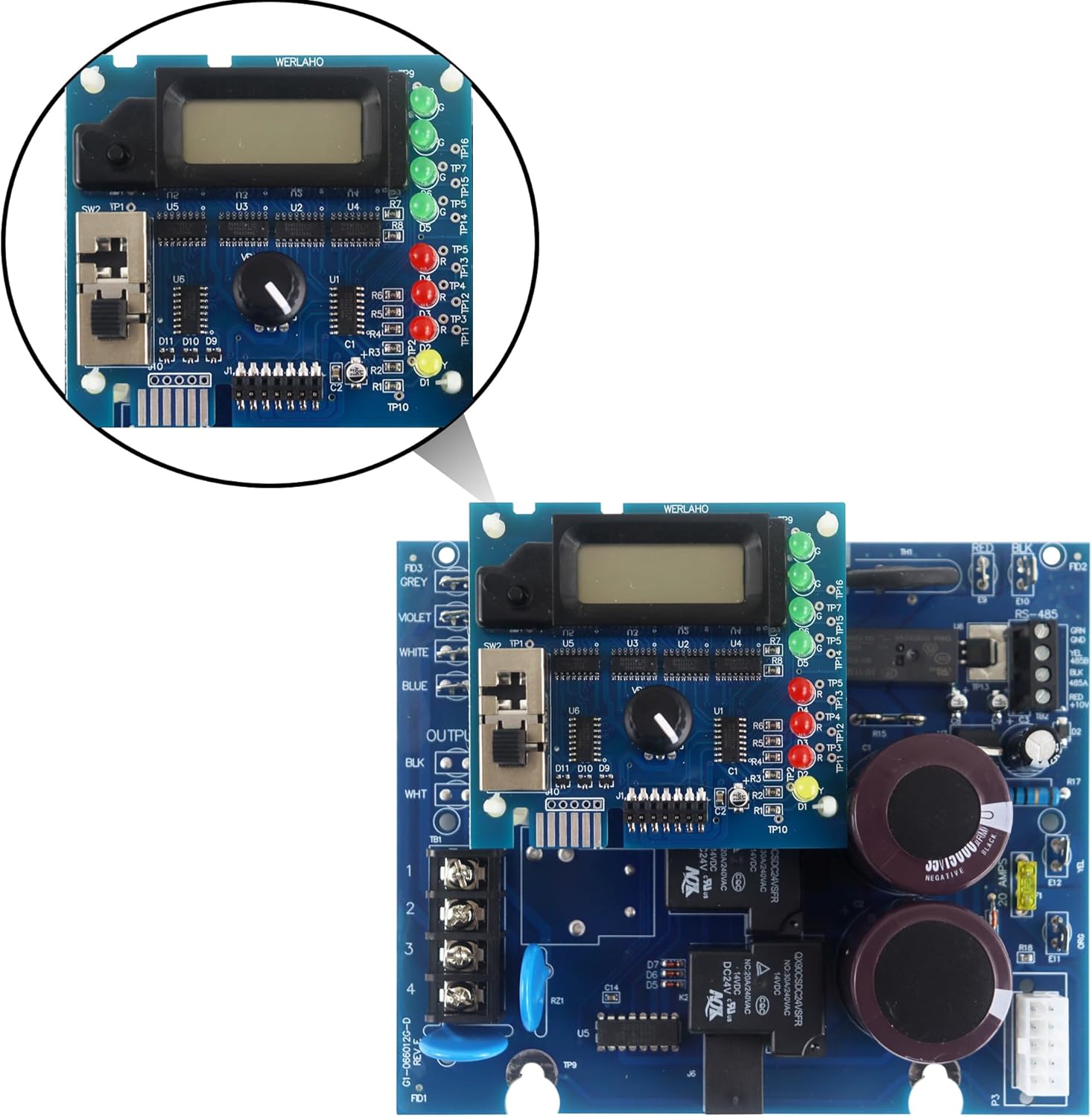 Close-up view of the GLX-PCB-DSP display board, showing the LCD screen, LED indicators, and control knob.