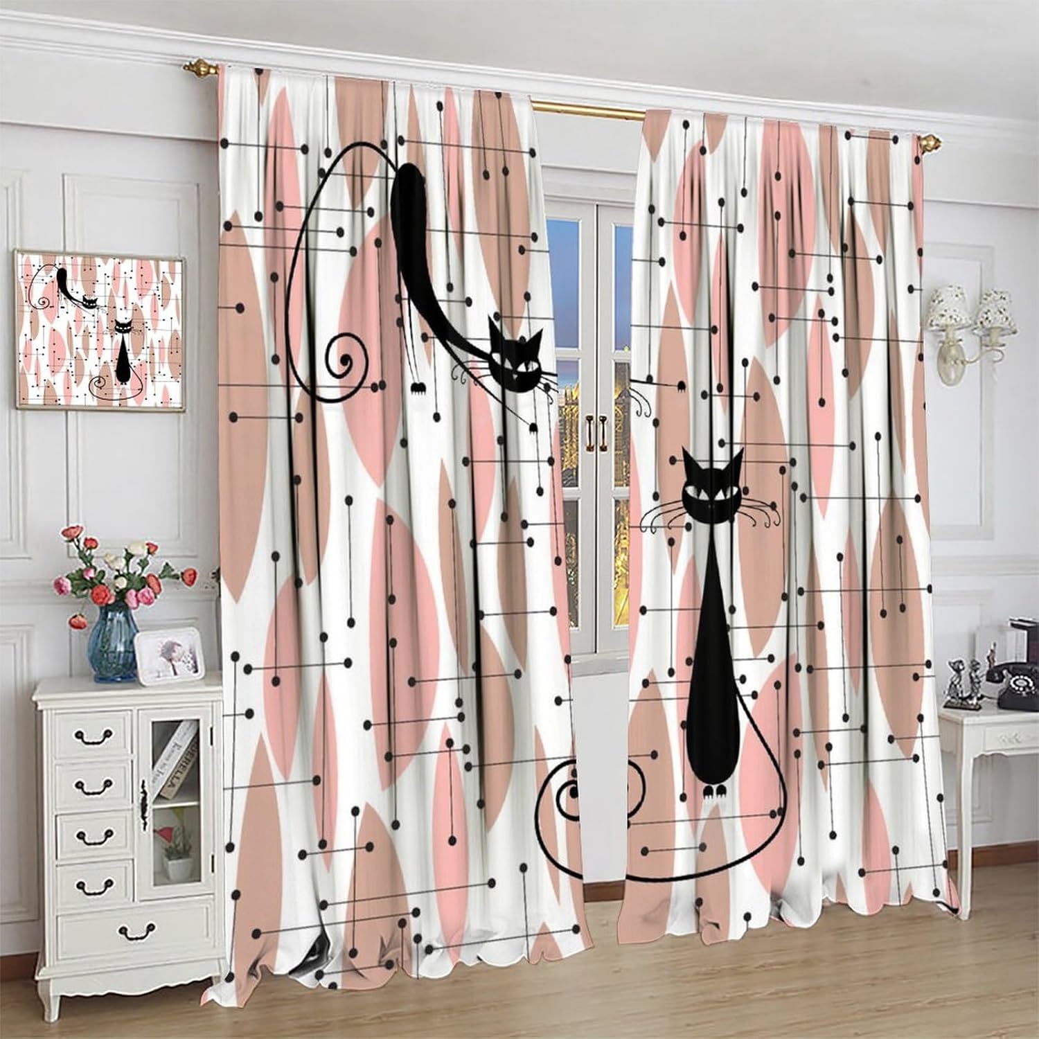 Mid Century Black Cat Curtains Abstract Modern Pink Geometric Pattern Blackout Print Rod Pocket Window Drapes for Bedroom Living Room 52x84in