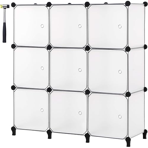 ANWBROAD Cube Storage Organizer, 9-Cube Modular DIY Book Shelf with Doors, Closet Clothes Organizer, Plastic Storage Cubbies Cabinet for Living Room Bedroom Office White ULCS09TM