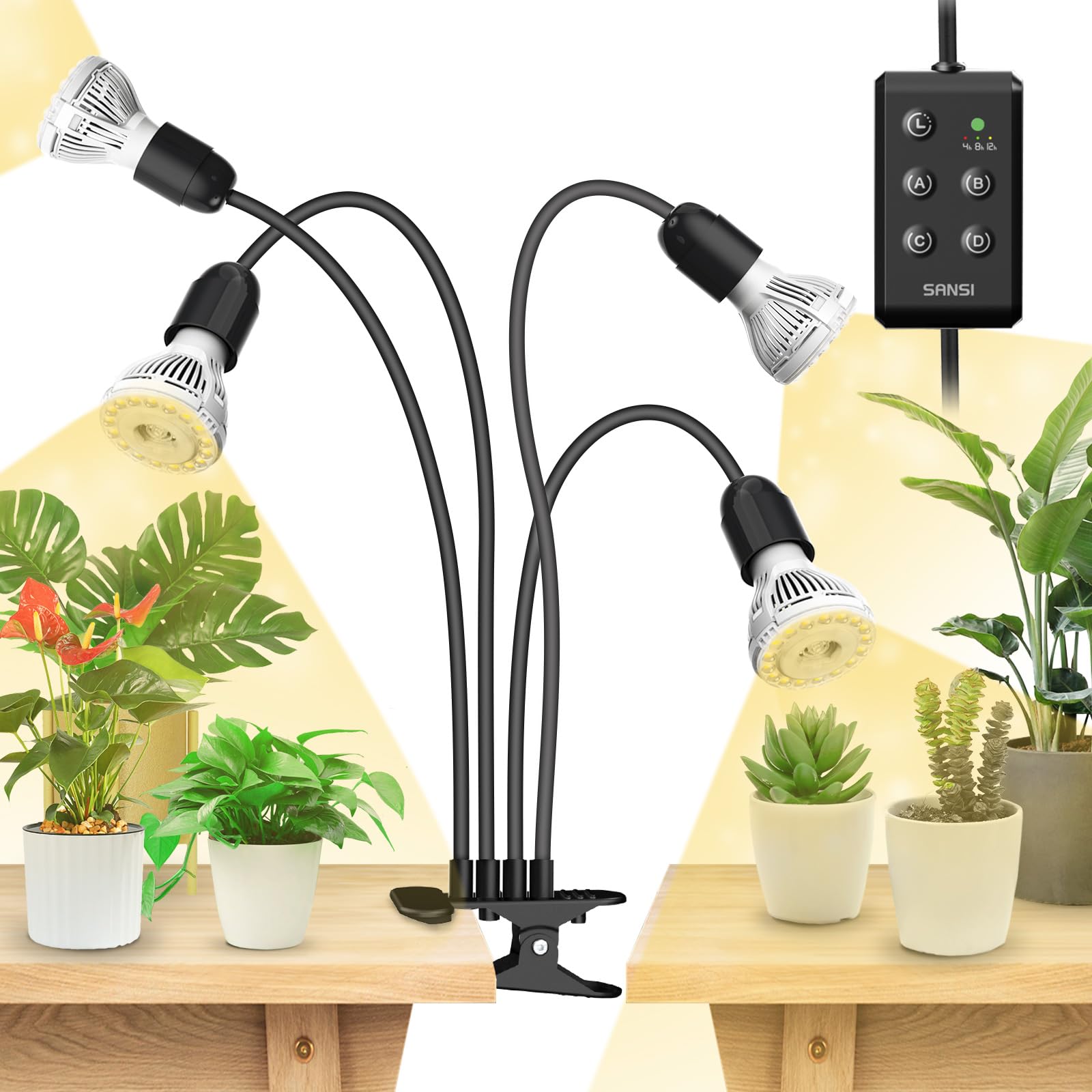 Sansi Black 600W Led Grow Lights, 4-Head Full Spectrum Led Plant Lamp With Clip, 4000K Sunlike, Timer 4/8/12 Hrs For Indoor Seedlings Germination (Lifetime Free Bulb Replacements)