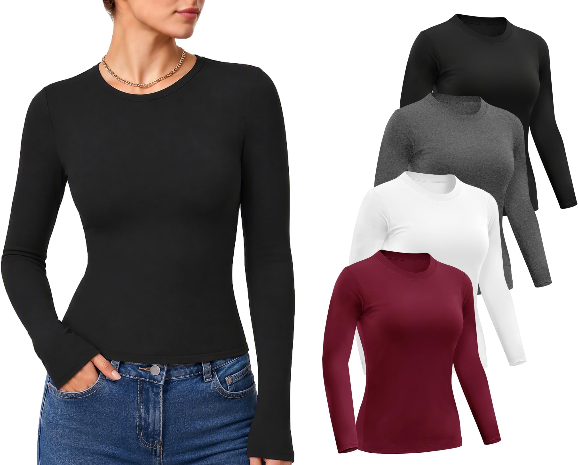 4 Pack Women’s Long Sleeve Basic Shirts Crew Neck Slim Fitted