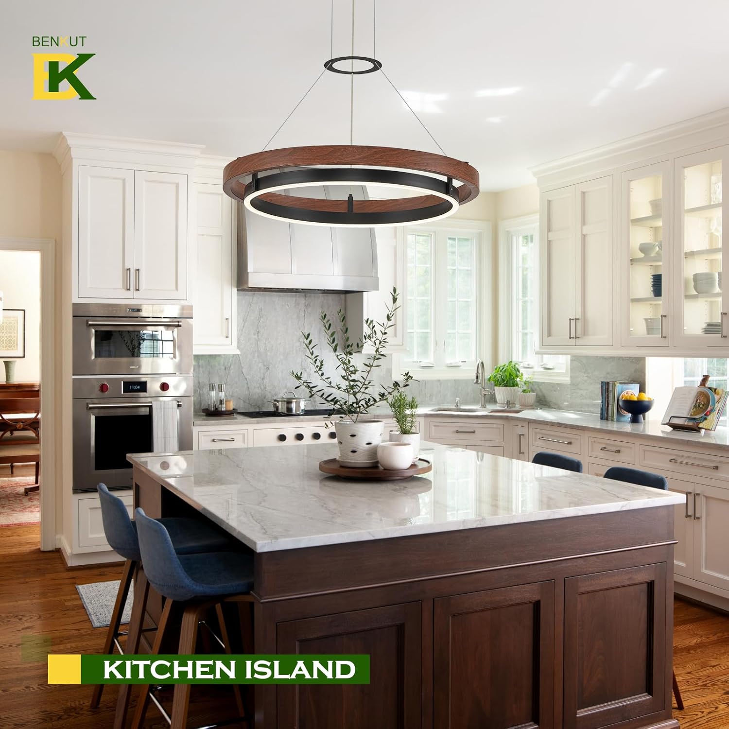 Modern LED Chandelier Circular Farmhouse Red Walnut Color, Dimmable LED Pendant Light with Remote Ring Chandelier Dining Room Light Fixtures for Kitchen Island Living Room Entryway, D23.6