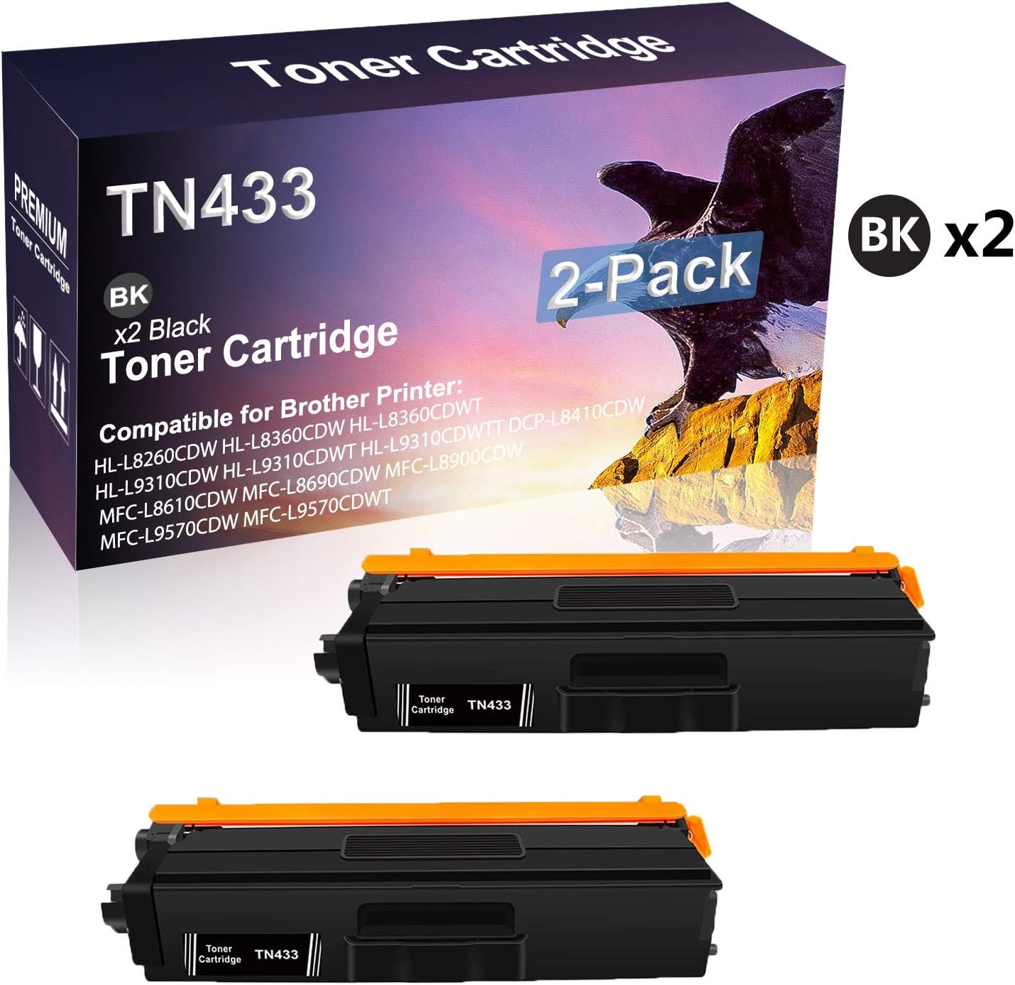 2Pack (Black) Compatible High Yield Brother TN433 TN433BK