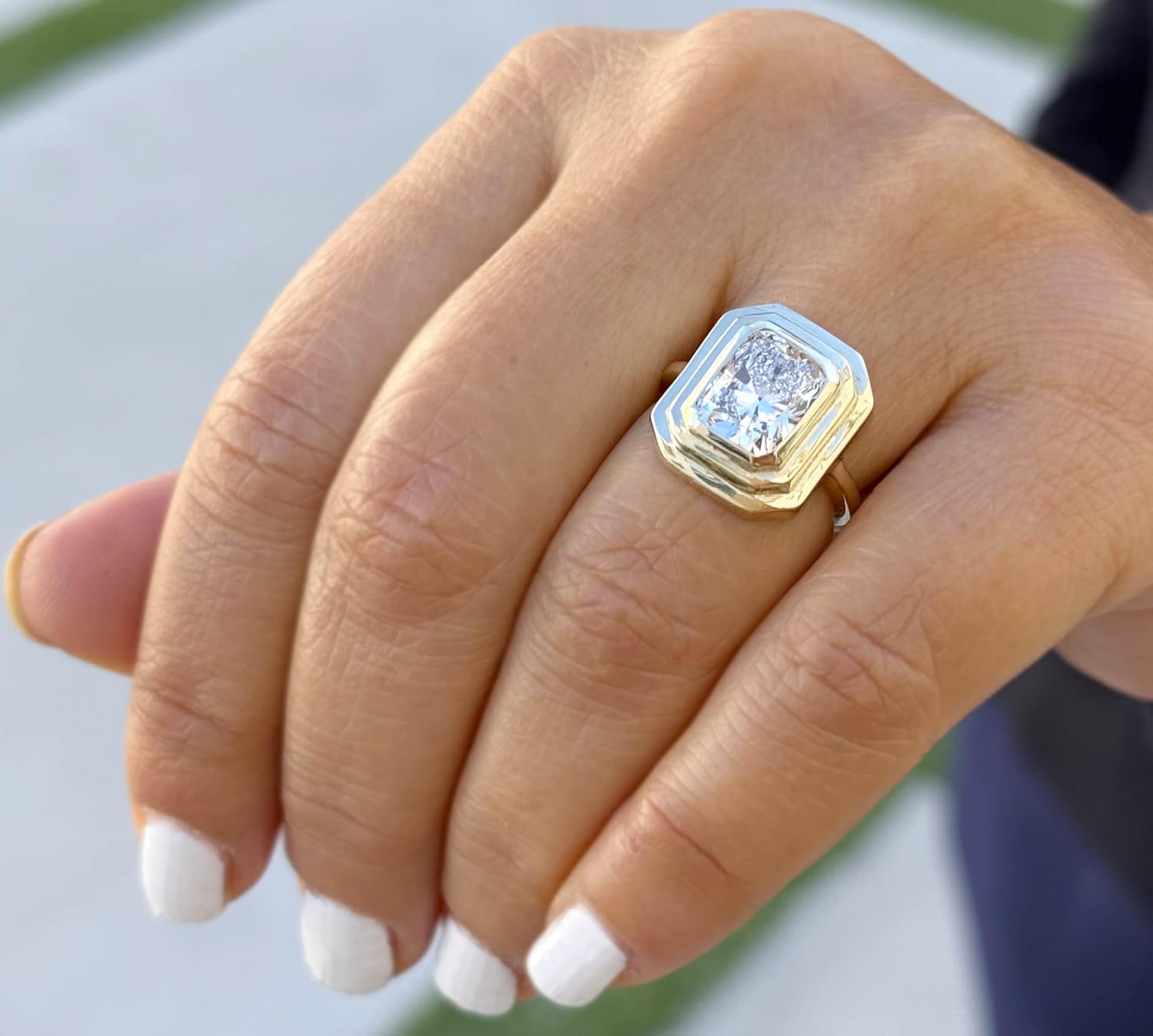 Cushion Cut Moissanite Ring Solitaire Set In 14K Solid And Heavy Yellow Gold Bezel Set Wedding Ring Double Halo Style Bridal Ring 3.50ct