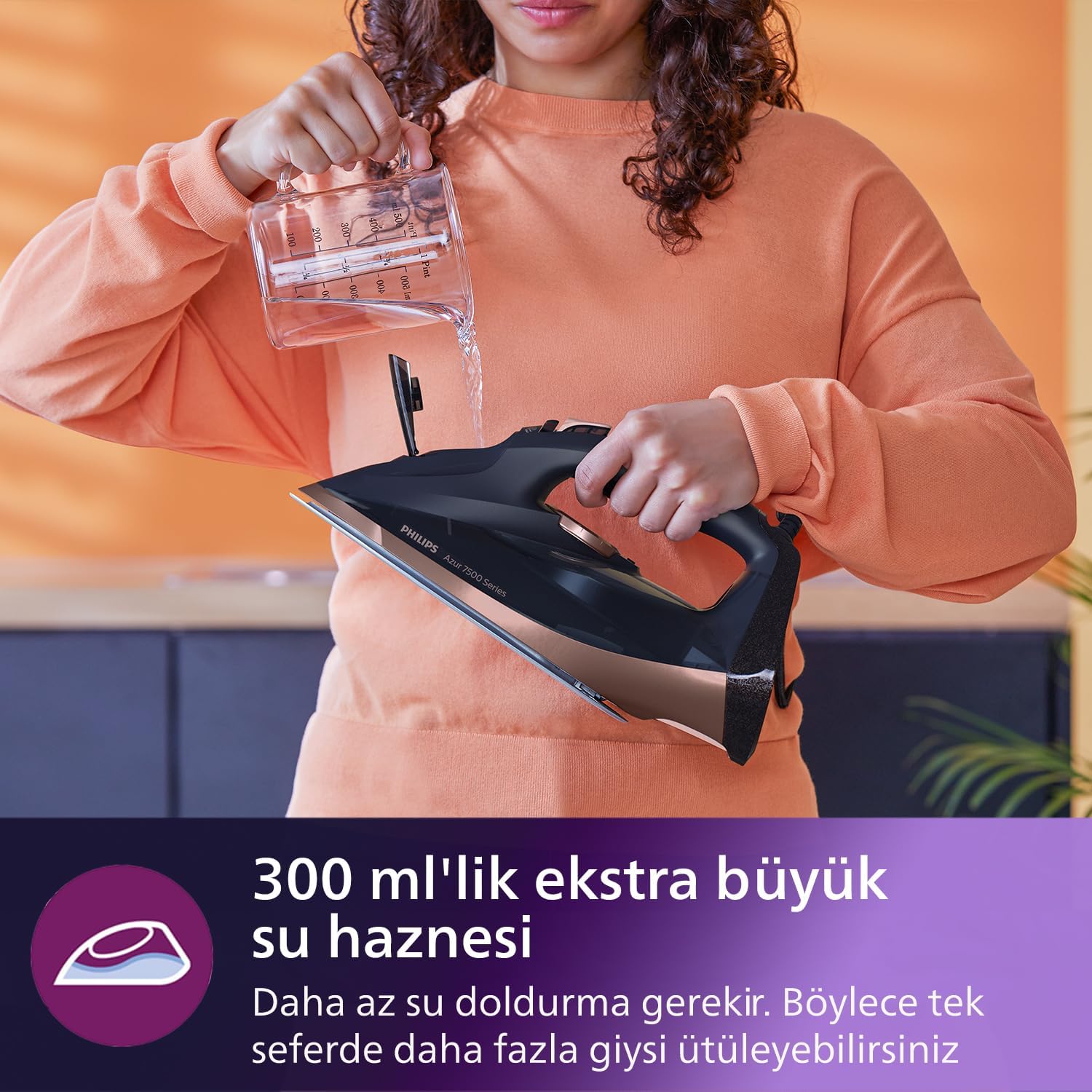 Philips 7500 Serisi Buharlı Ütü, 3200W, 55g/dk Sürekli Buhar, SteamGlide Elite Taban, 260g Şok Buhar, Mavi/Altın Rengi, 300ml’lik Ekstra Geniş Su Haznesi, DST7510/80