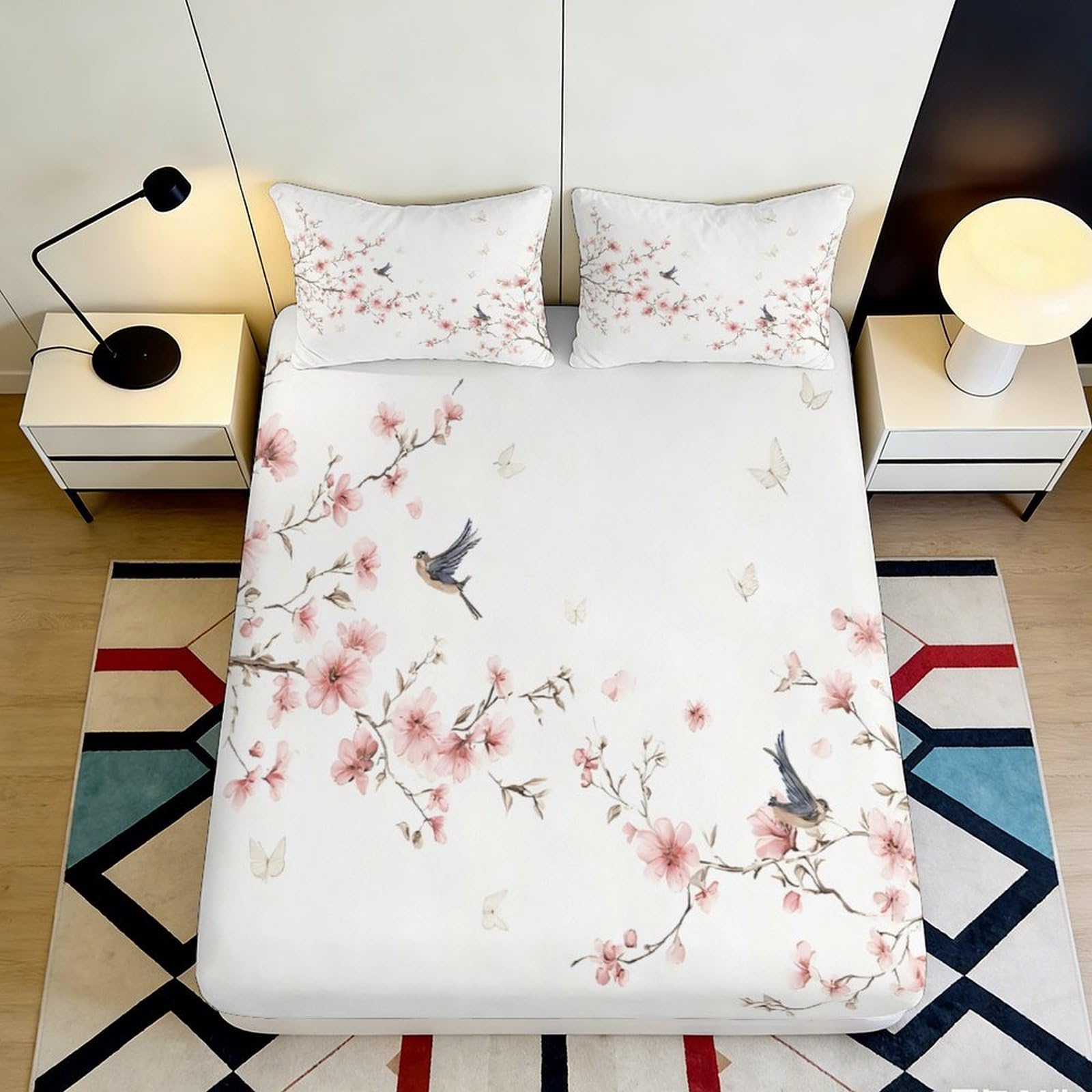 3D Printed Cherry Blossom Bird Fitted Sheet Microfiber Soft Mattress Cover for Bedroom Guest Room Dustproof Decor 90x200x25cm