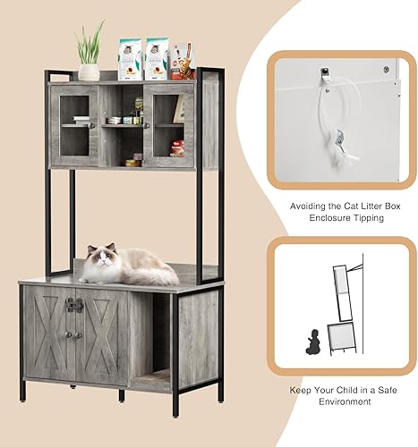 Miniatura 8 de Fienveorn - Caja de arena para gatos con armario de almacenamiento, 59.3 pulgadas de alto, gran caja de arena oculta para gatos con estante, marco