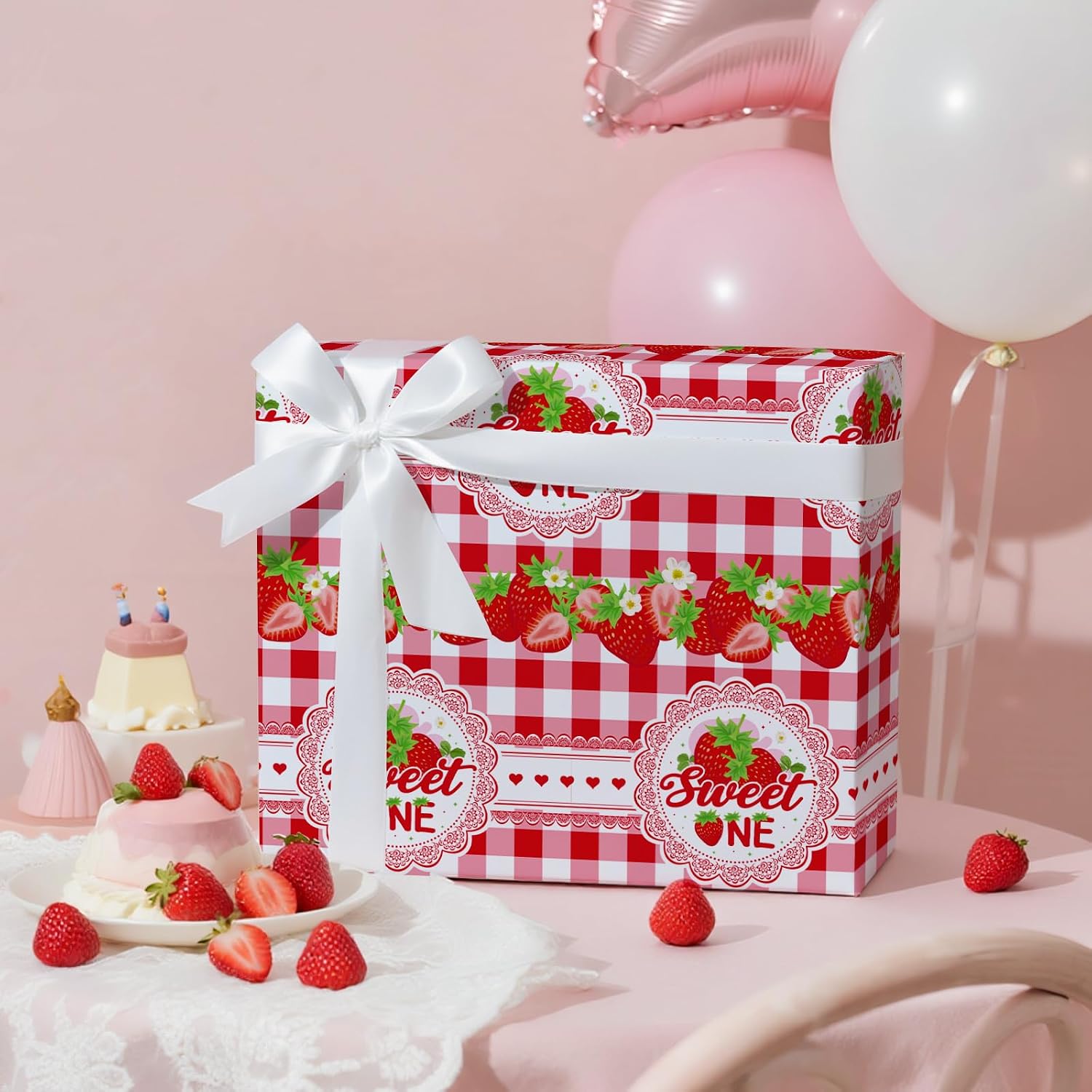 LeZakaa Sweet One Strawberry Wrapping Paper Roll,Red Gingham Strawberry Gift Wrap for Valentines, Baby Girl 1st Birthday, Baby Shower, Party Decor, Mini Roll 17 in x 16.4 Ft image 5