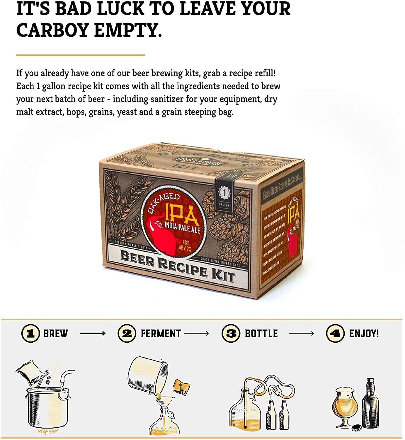 Craft A Brew Kit de recetas – Recambio IPA envejecido de roble – 1 galón – Ingredientes para cerveza casera