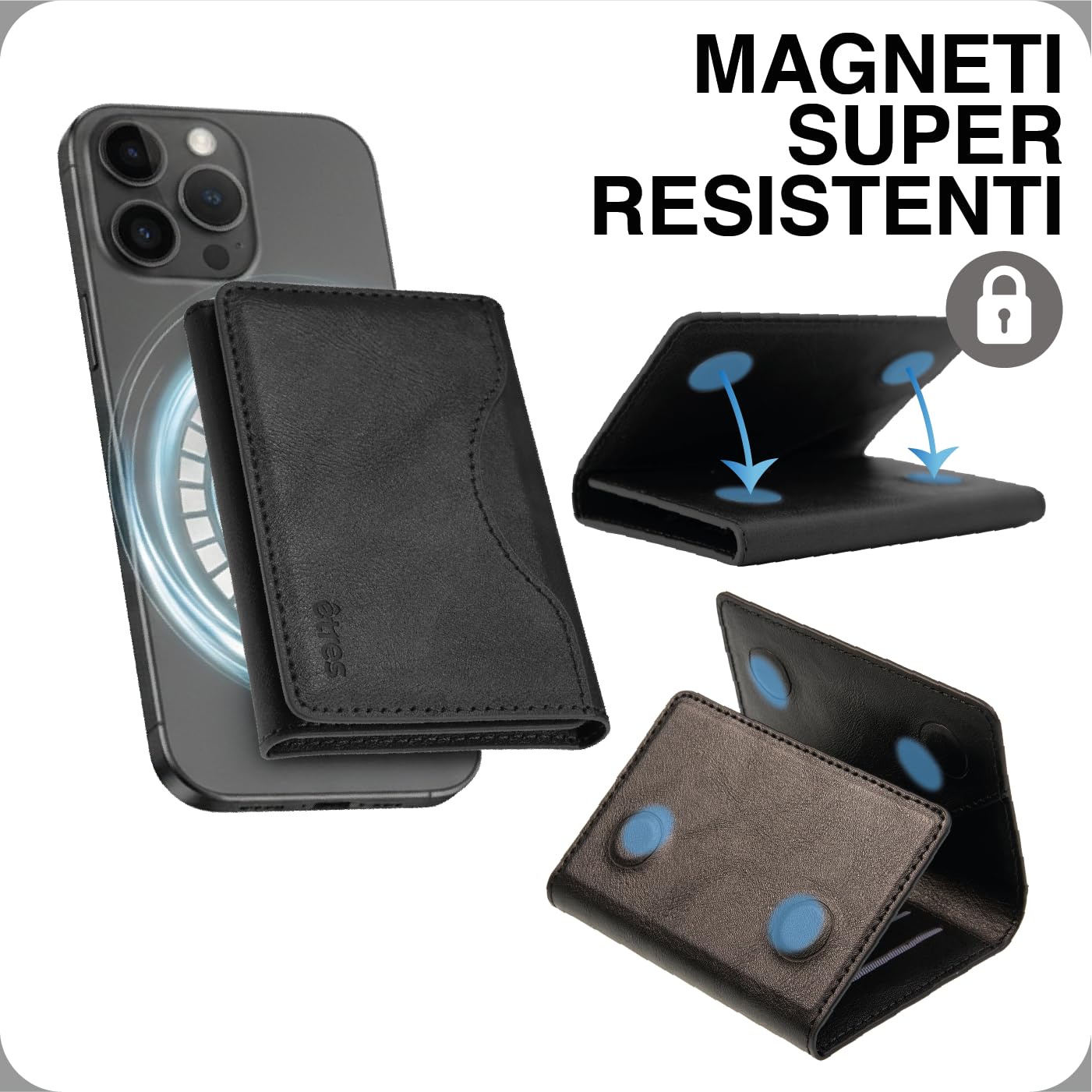 Etres Portafoglio Magsafe, Rfid protezione, o pagamento contact less, Compatibile con MagSafe per iPhone 16/15/14/13/12 Serie, Porta Carte in PU leather, tasca contanti e 6 tasche per le carte (NERO)