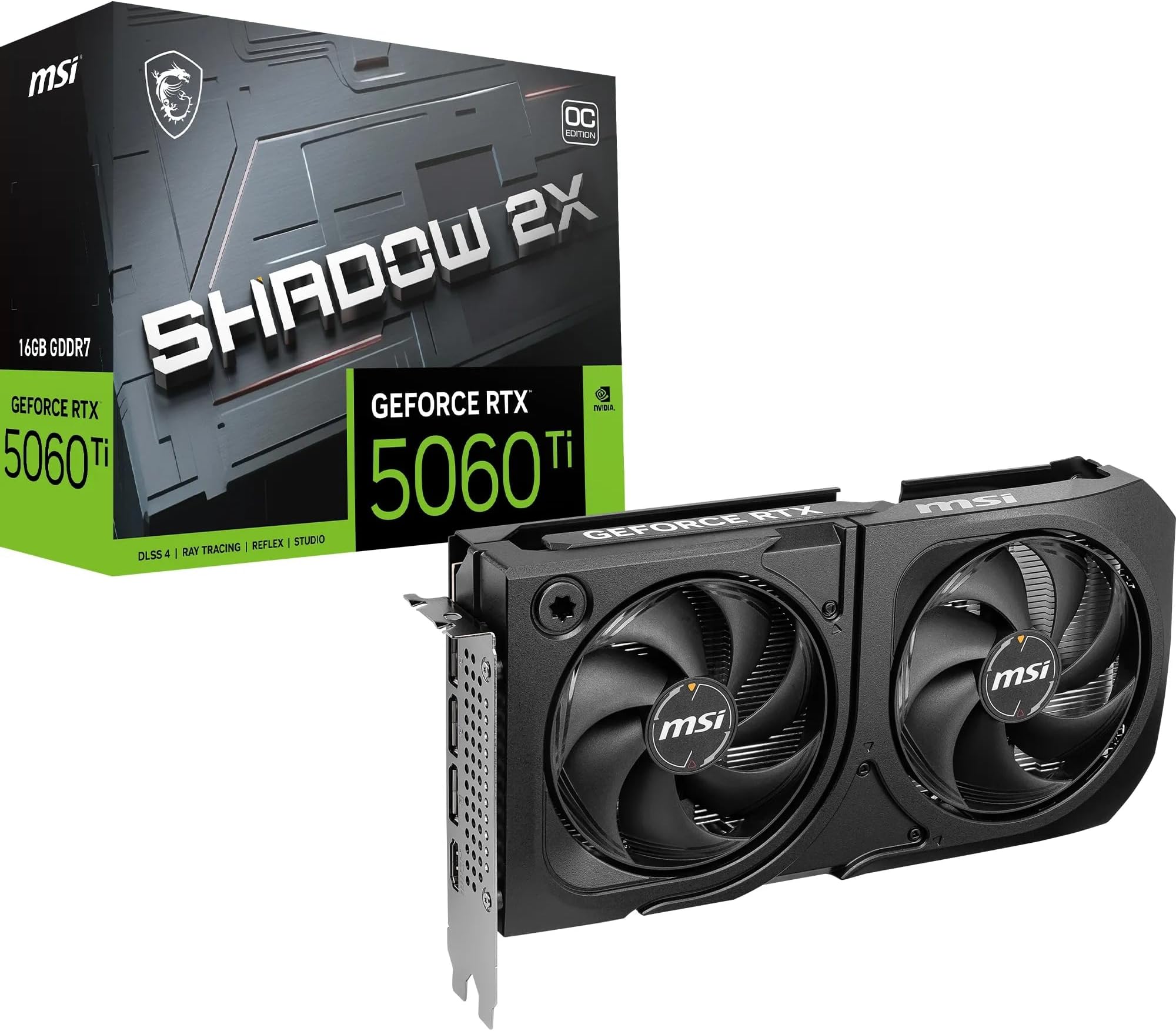 MSI GeForce RTX 5060 Ti 16G SHADOW 2X OC PLUS Graphics Card - RTX 5060 Ti GPU, 16GB GDDR7 (28Gbps/128-bit), PCIe 5.0 - Dual-Fan Thermal Design (2 x STORMFORCE FAN) - HDMI 2.1b, DisplayPort 2.1b: image 1 of 8