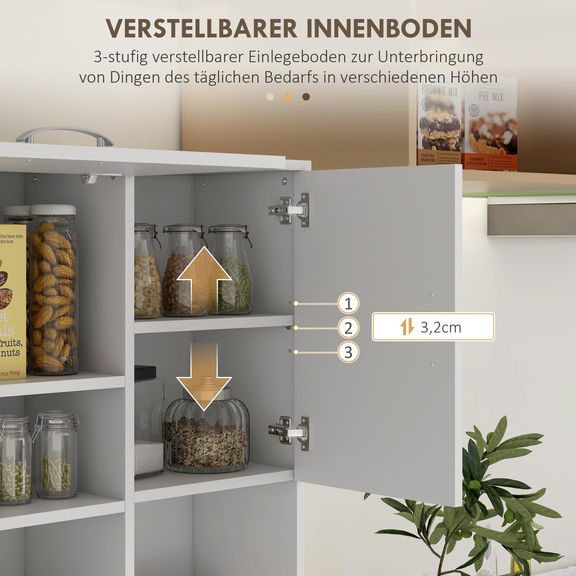 HOMCOM Küchenschrank Hochschrank mit 3 Offenen Fächern, 4 Türen und 3 Schubladen Buffetschrank Vitrinenschrank Mikrowellenschrank mit Verstellbaren Ablagen, Weiß, 89 x 39,5 x 168 cm