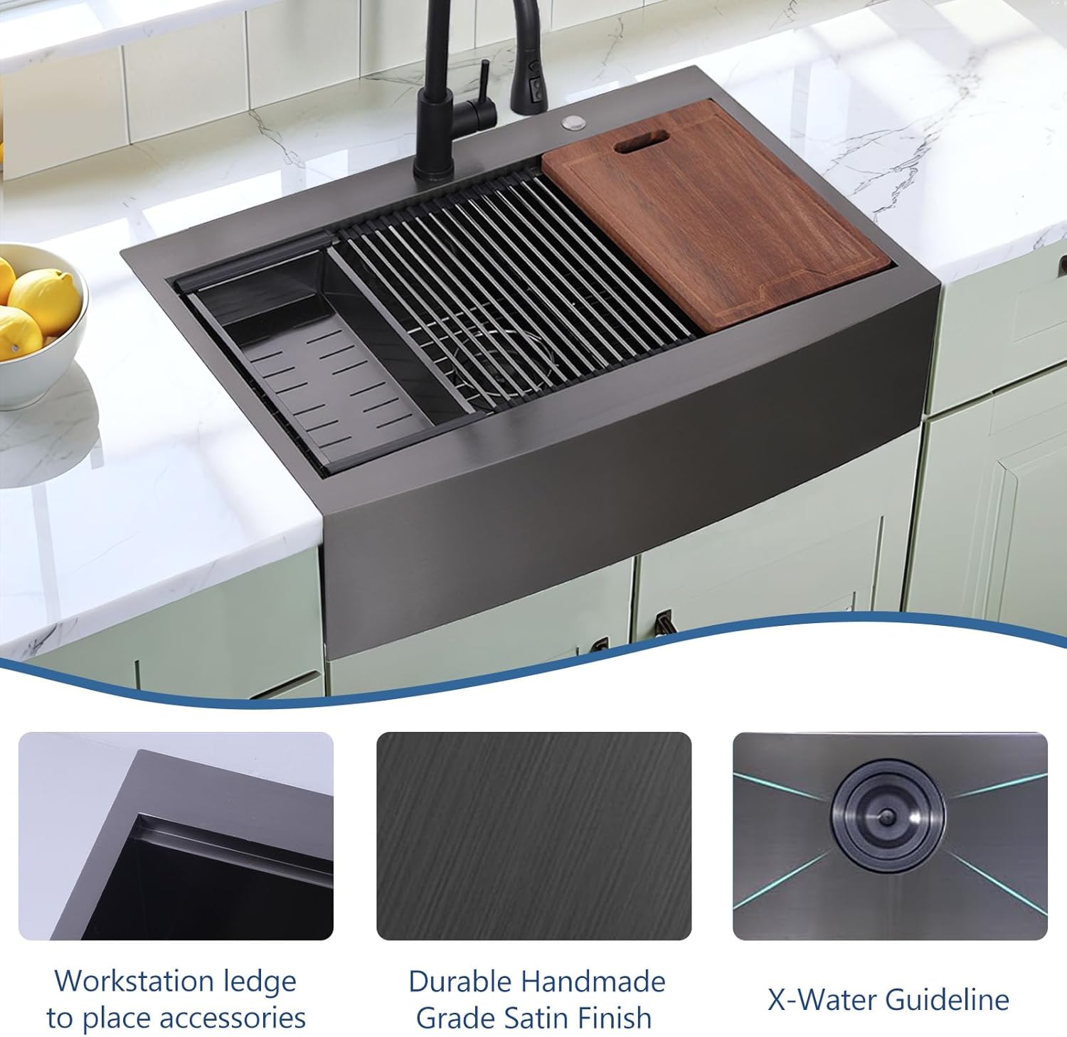 33 Inch Drop In Farmhouse Sink Black, 33x22 Inch Gunmetal Black Top Mount Farmhouse Kitchen Sink Single Bowl, Topmount Apron Front Stainless Steel Farm Sink Workstation
