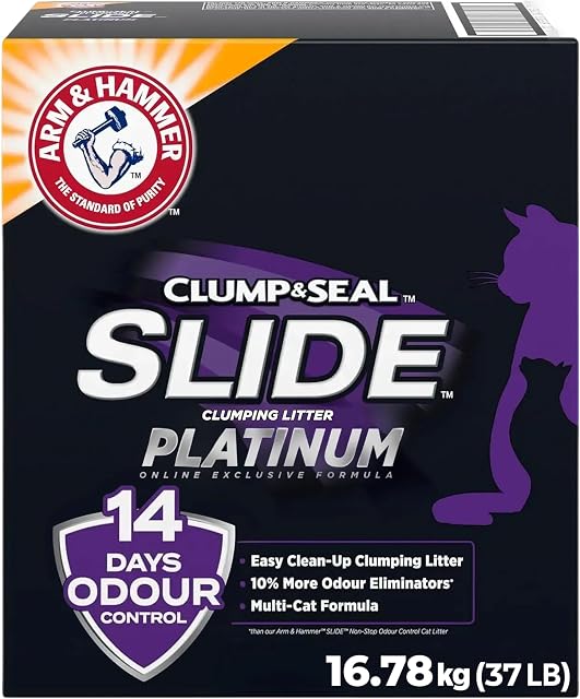 ARM & HAMMER Litière pour chat agglomérante Platinum, contrôle des odeurs 2x plus long, argile multi-chats, fraîcheur ultime de 14 jours, éliminateurs d'odeurs supplémentaires, nettoyage sans effort, sans poussière, agglomération robuste, 16,78 kg