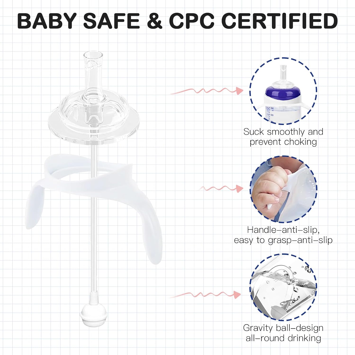 Straw Sippy Cup Conversion Kit for Lansinoh Baby Bottles, Soft Top and Weighted Straw Transition Kit with Handles, Set of 3