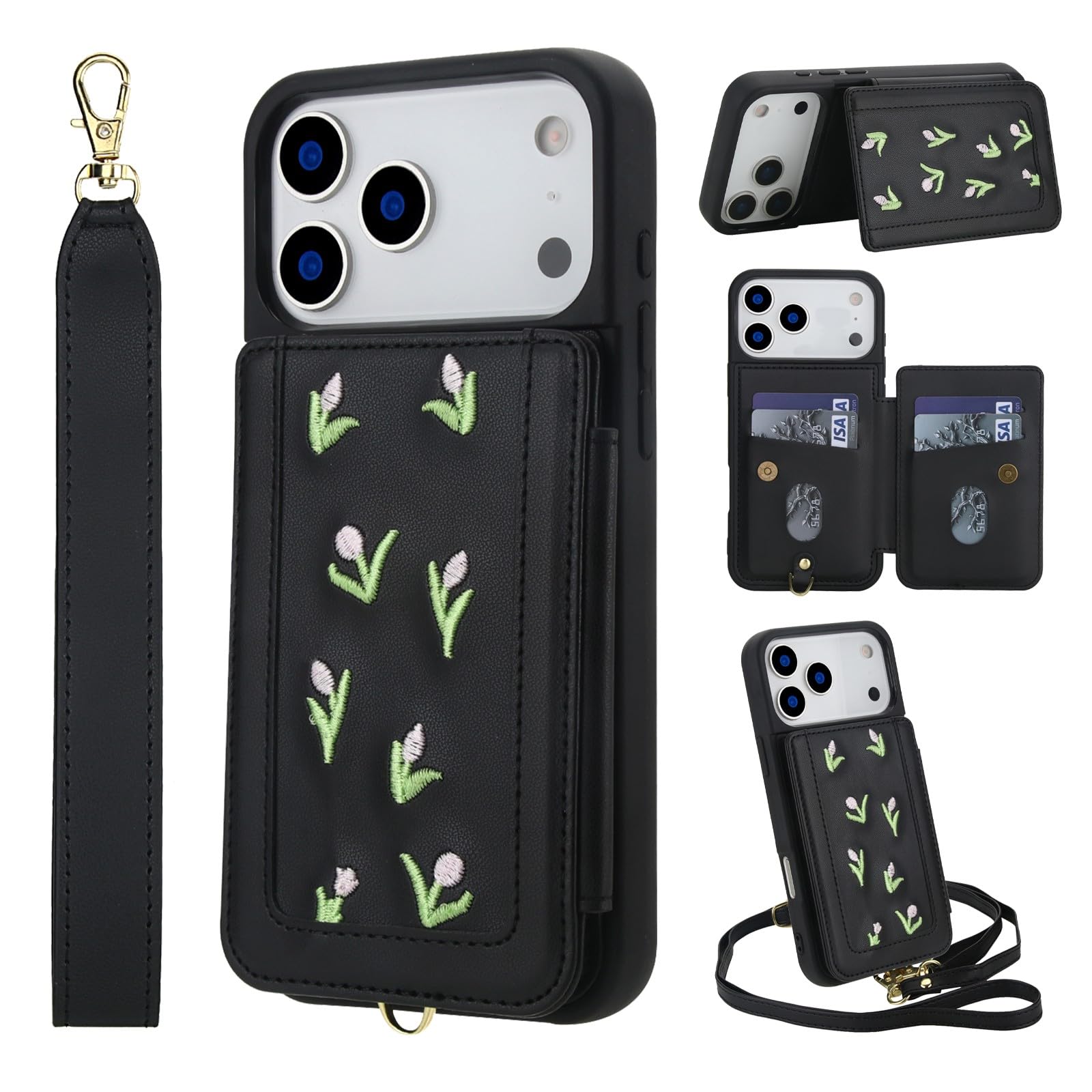 Generic - Funda para iPhone 17, color negro y correa de piel con soporte de silicona