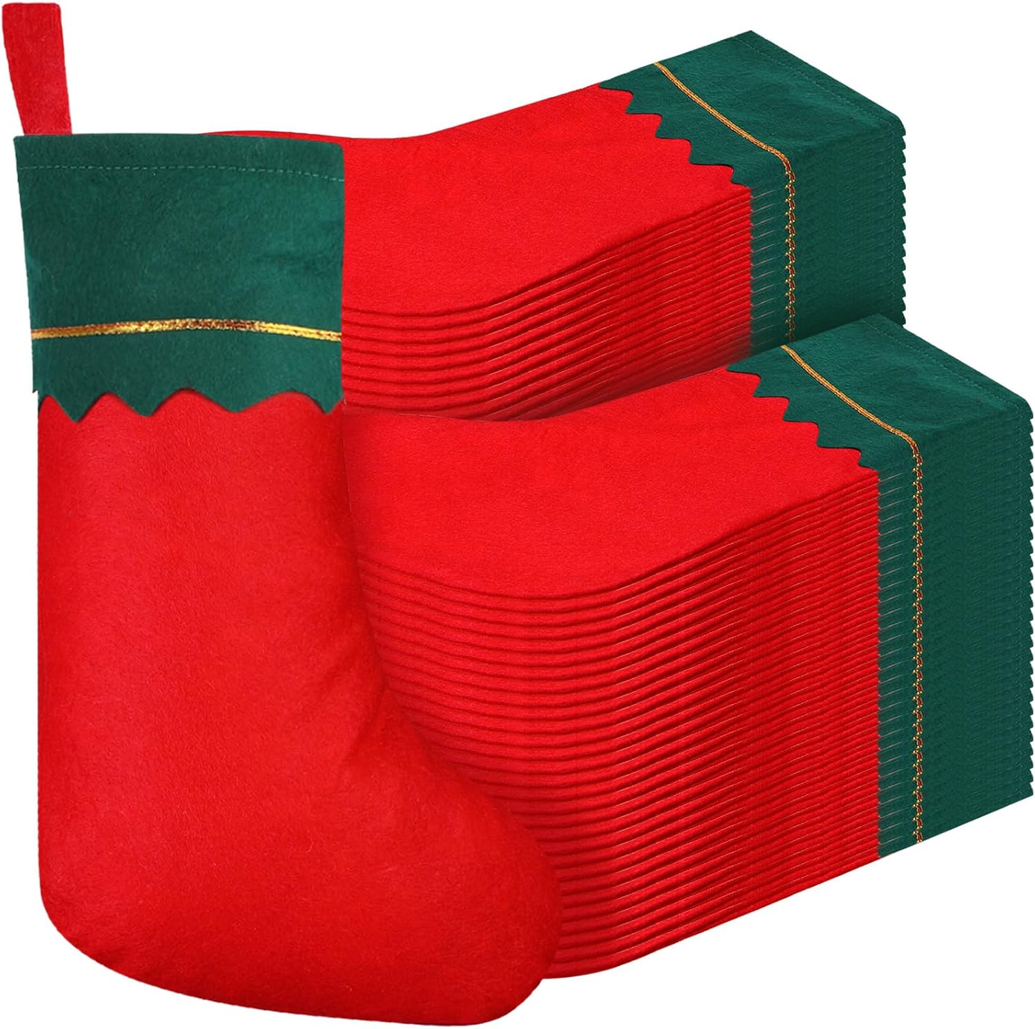 Zubebe 60 Pcs Felt Christmas Stockings 15 Inch Party Favors Stockings Xmas Decoration Stockings Rustic Christmas Santa Stockings for Christmas Holidays Anniversaries Home Bedroom (Green Trim)