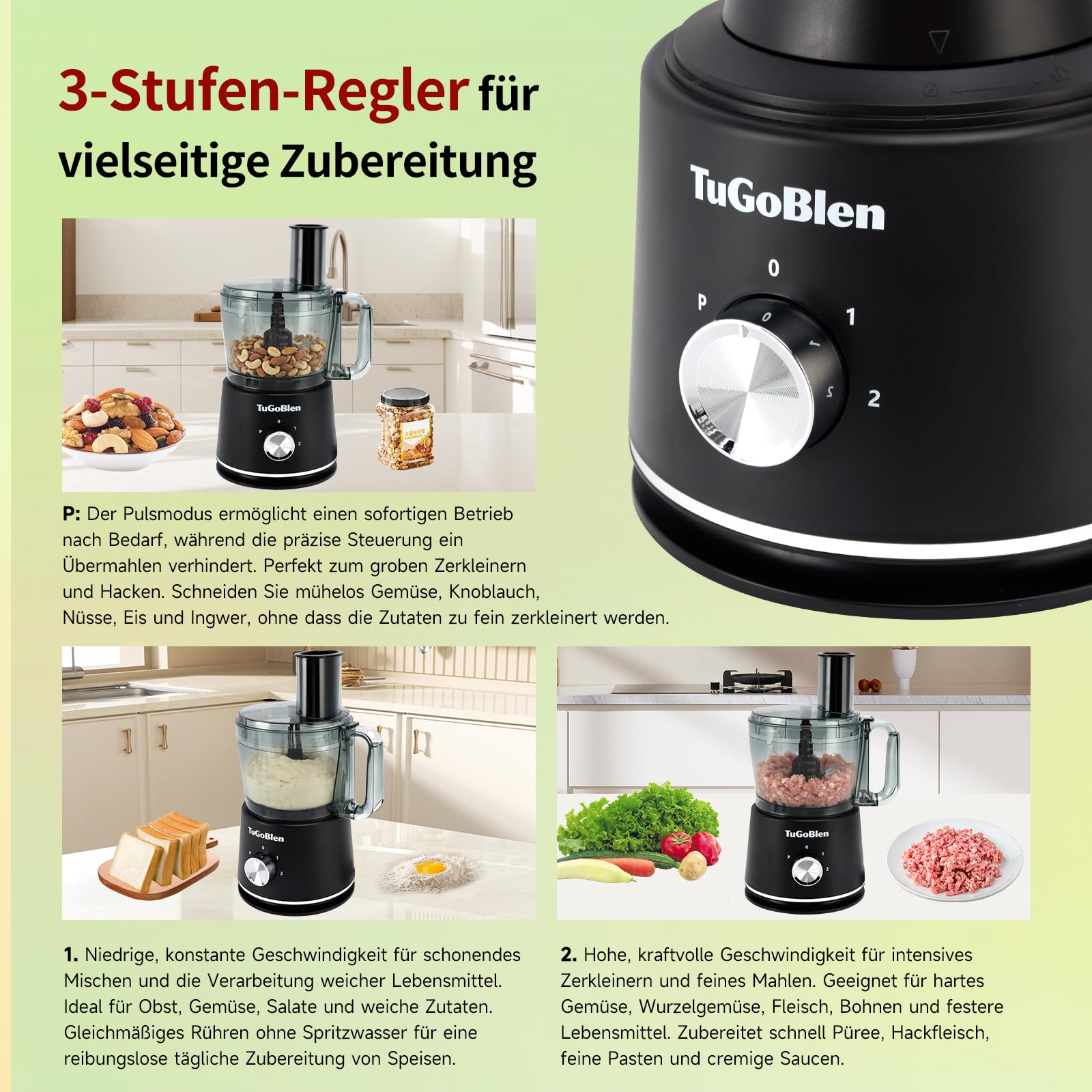 7-in-1 Küchenmaschine mit 2,5L-Verarbeitungsbehälter, 1,5L-Glasmixer, 200ml-Glasmühle, Knet- und S-Klingen, Reibe-, Schneide- und Pommes-Frites-Klingen zum Kochen,für Smoothies und Gewürze
