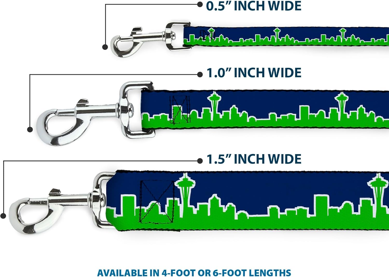 Dog Leash Seattle Skyline Navy Bright Green 6 Feet Long 1.0 Inch Wide