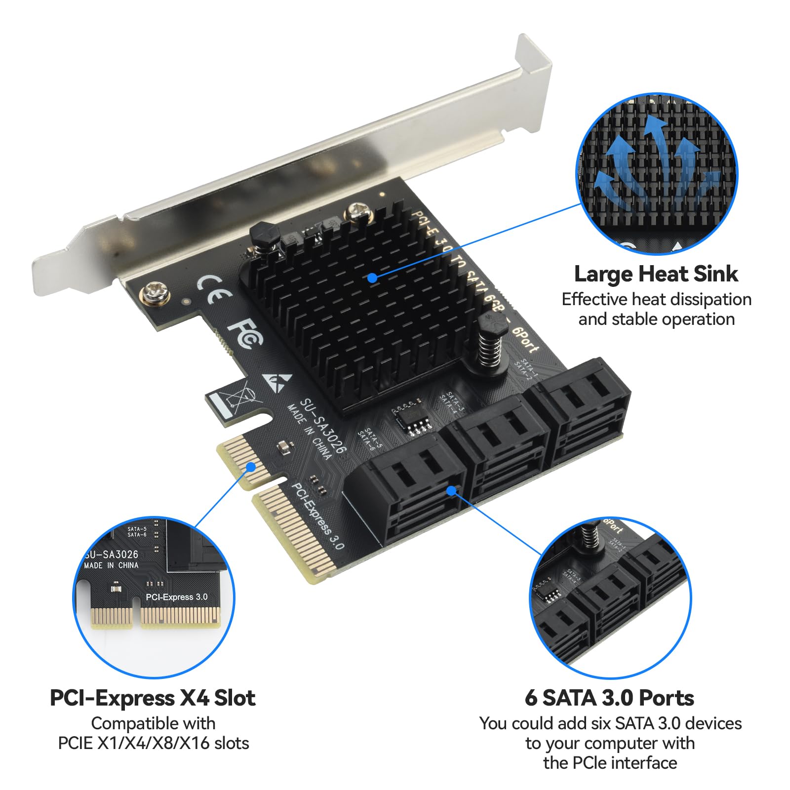 ELUTENG Scheda di espansione PCIe X4 SATA a 6 porte 6 Gbps PCI-E a SATA 3.0 adattatore per X1/X4/X8/X16 Slot PCI Express Controller Card con staffa a basso profilo compatibile con Windows 10/7/8/XP