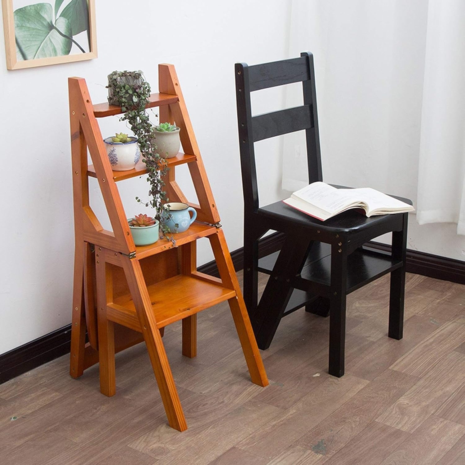 Folding Wooden Stool Chair Portable Library Ladder Multi Purpose Kitchen/Office Footstool Plant Stand Flower Rack