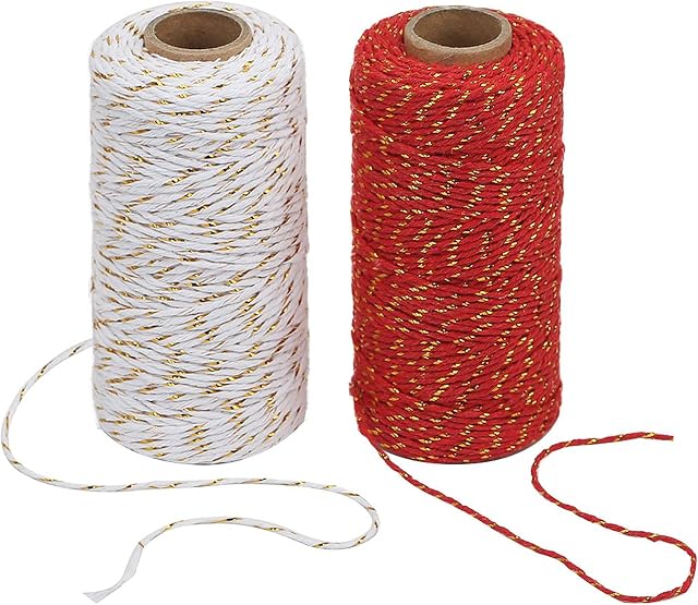 Tenn Well Red Gold and White Gold Twine, 200m Cotton Bakers Twine Perfect for Kitchen Cooking, Baking, Butchers, DIY Crafts, Home Decoration
