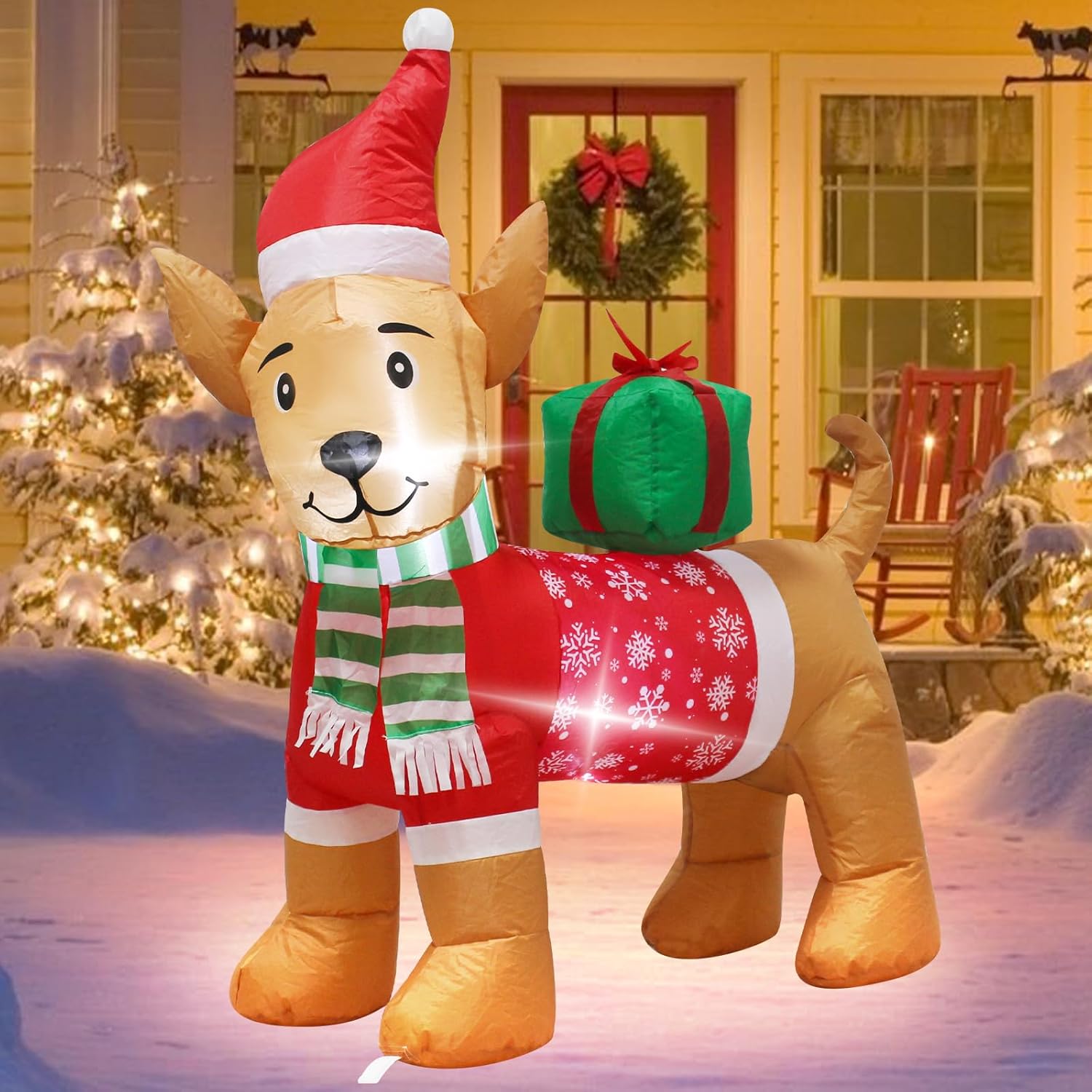4 Foot Christmas Inflatable Dog Decoration,Christmas Blow up Dog Decor with LED Lights Perfect for Indoor Outdoor Yard,Dog with Santa Hat Red Outfit and Scarf, Holiday Addition Warm Atmosphere
