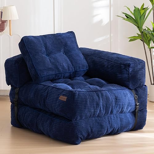 MAXYOYO Folding Sofa Bed, L-Shaped Convertible Sofa Bed with Armrest Foldable Sleeper Sofa with Pillow, Portable Fold Out Chair Bed Comfy Floor Sofa Lounge for Living Room Bedroom, Navy