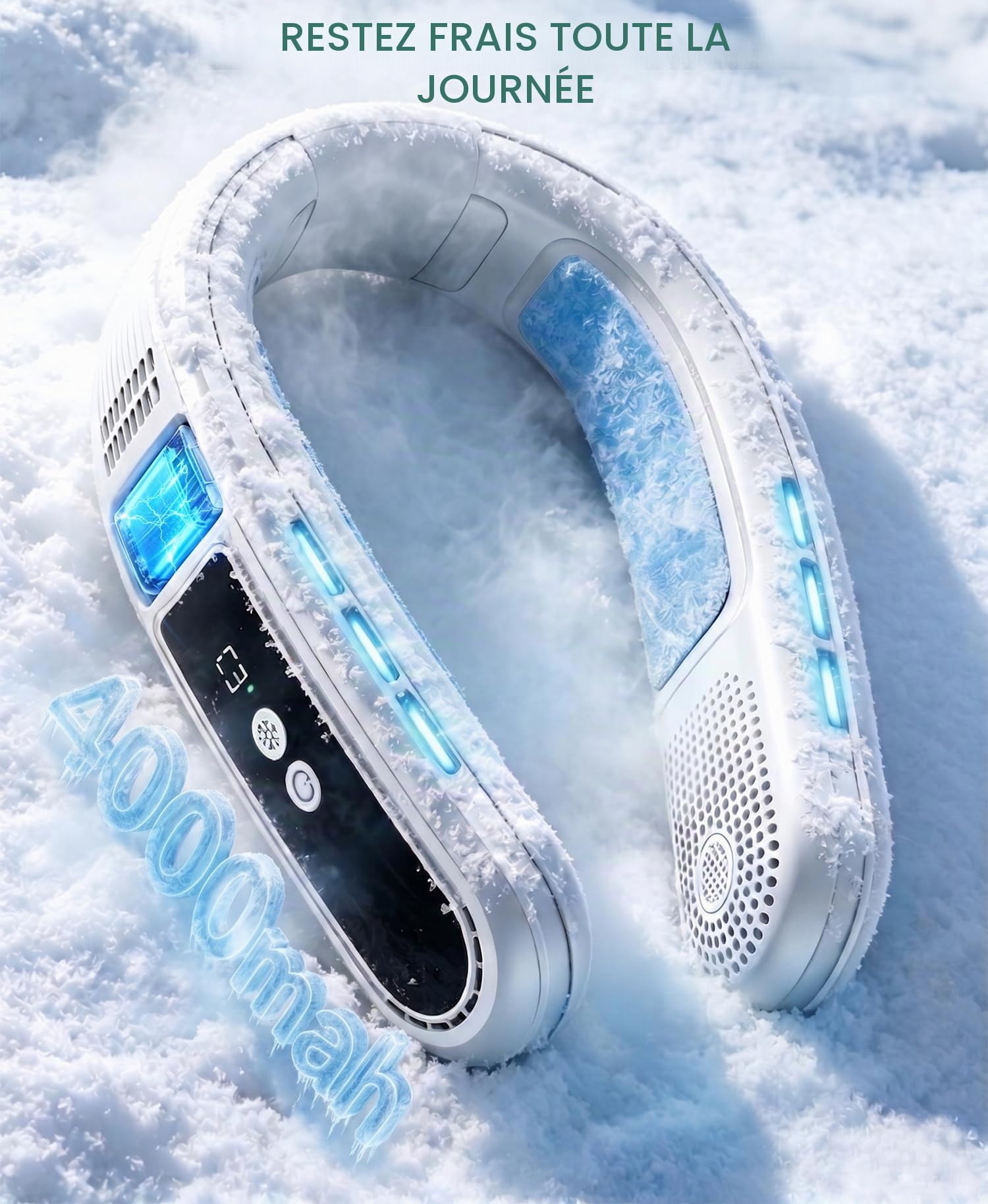 Ventilateur de Cou Portable avec 2 Plaques de Refroidissement Glacées, Ventilateur Climatiseur Cou Mobile Silencieux Rechargeable à Air Froid, Double Turbo, Cadeaux pour Voyage Plage Bureau Femme