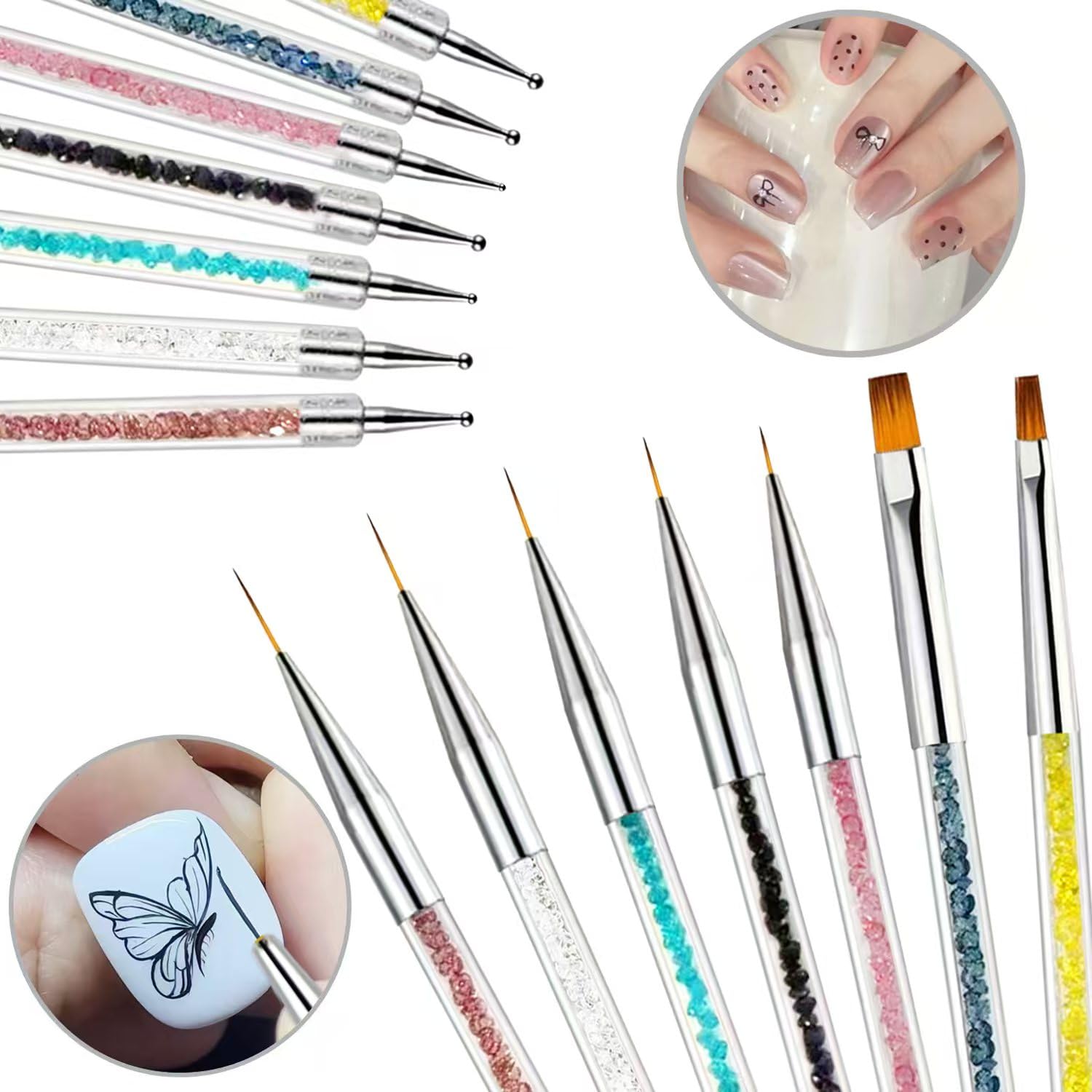Nagelkunst-Pinsel-Set mit doppelseitigem Strassgriff, 8-teilig, mit rosa Harz-Palette, professionelle 2-in-1-Liner- und Detail-Pinsel für Gel-Nagellack, Maniküre, Nagelkunst-Malerei und Farbmisch-Set