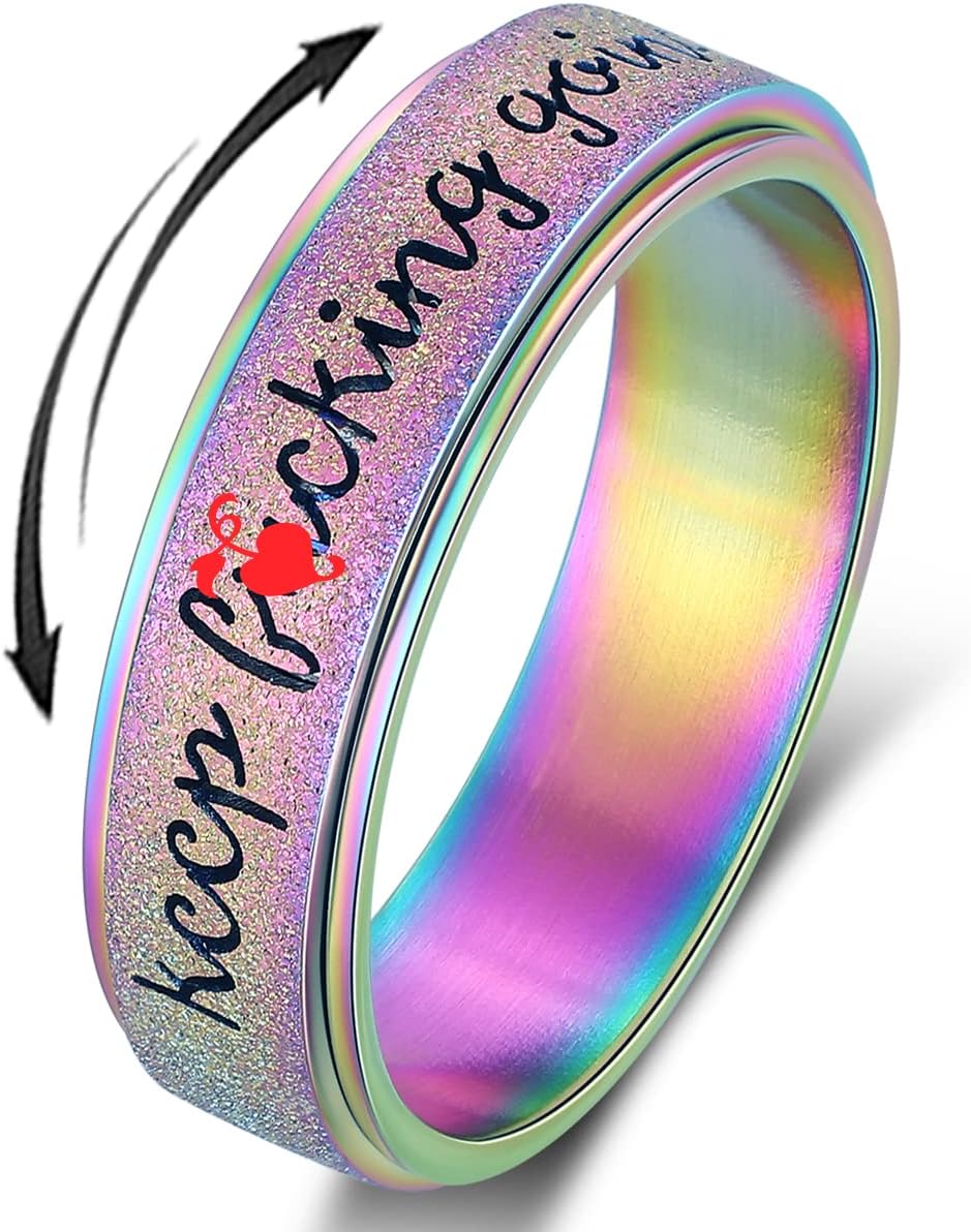 Initial Fidget Spinner Anxiety Ring for Women Fidget Ring Women Men Keep Going Mens Ring Spinning Ring Silver Rainbow Black Figit Ring Stainless Steel Size 6 7 8 9 10